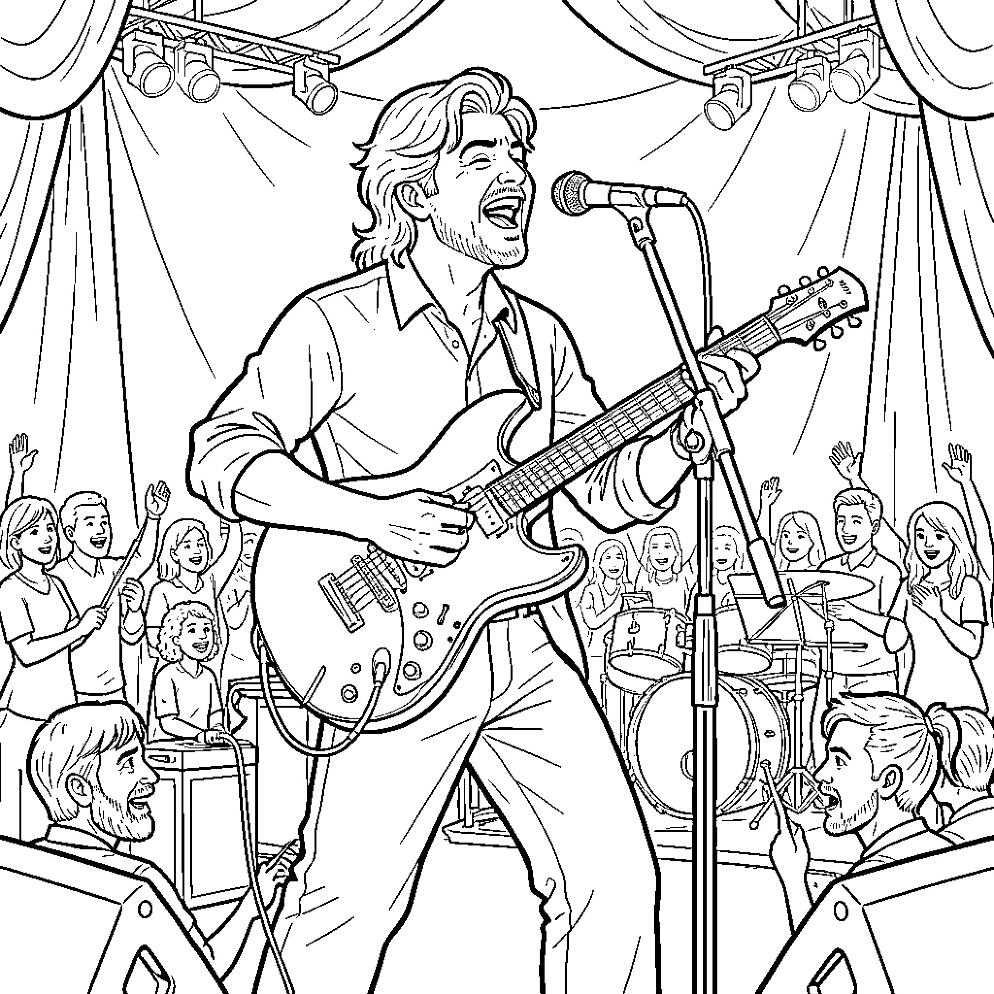 Loucura of a singer performing energetically on stage Coloring Page (free black-and-white line drawing printable PDF for all, from beginners to advanced learners, including children, teens, adults, and seniors)