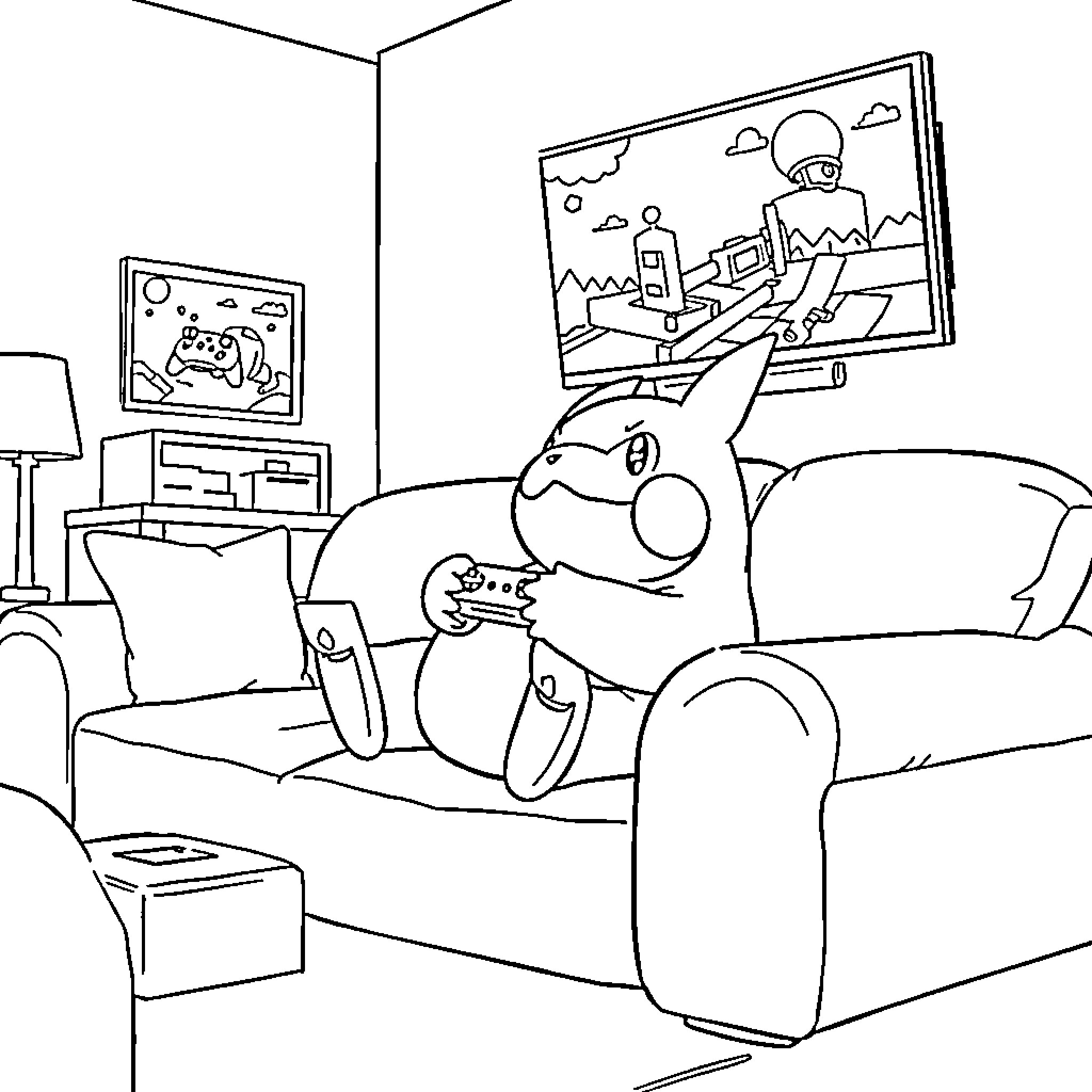 Snorlax gaming with controller in cozy living room Coloring Page (free black-and-white line drawing printable PDF for all, from beginners to advanced learners, including children, teens, adults, and seniors)