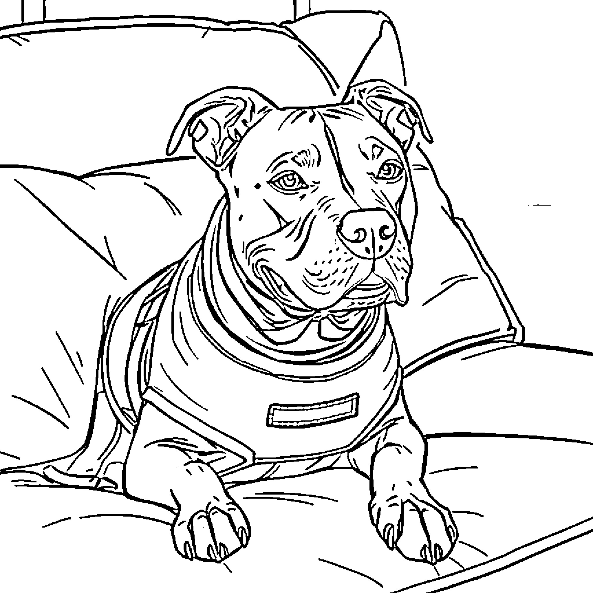 Pitbull dog resting on couch with attentive expression Coloring Page (free black-and-white line drawing printable PDF for all, from beginners to advanced learners, including children, teens, adults, and seniors)