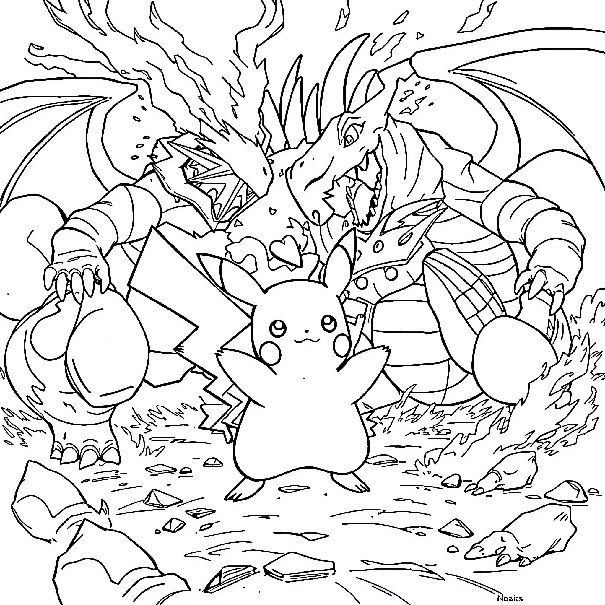 Pikachu facing off against mighty dragons Coloring Page (free black-and-white line drawing printable PDF for all, from beginners to advanced learners, including children, teens, adults, and seniors)