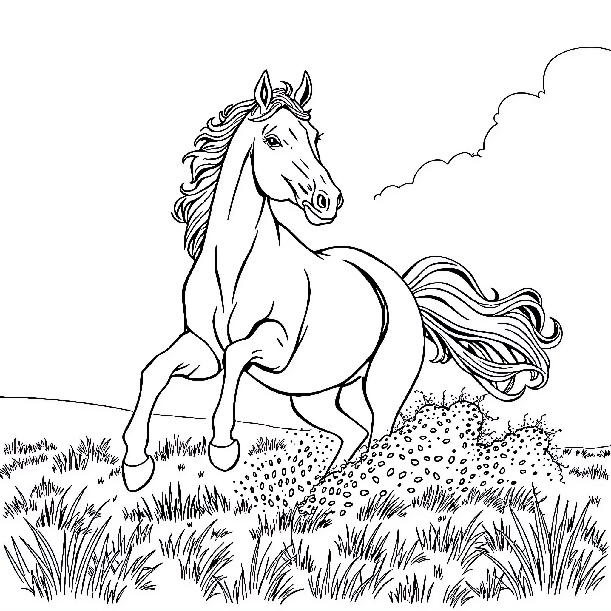 Horse galloping freely in grassy field Coloring Page (free black-and-white line drawing printable PDF for all, from beginners to advanced learners, including children, teens, adults, and seniors)