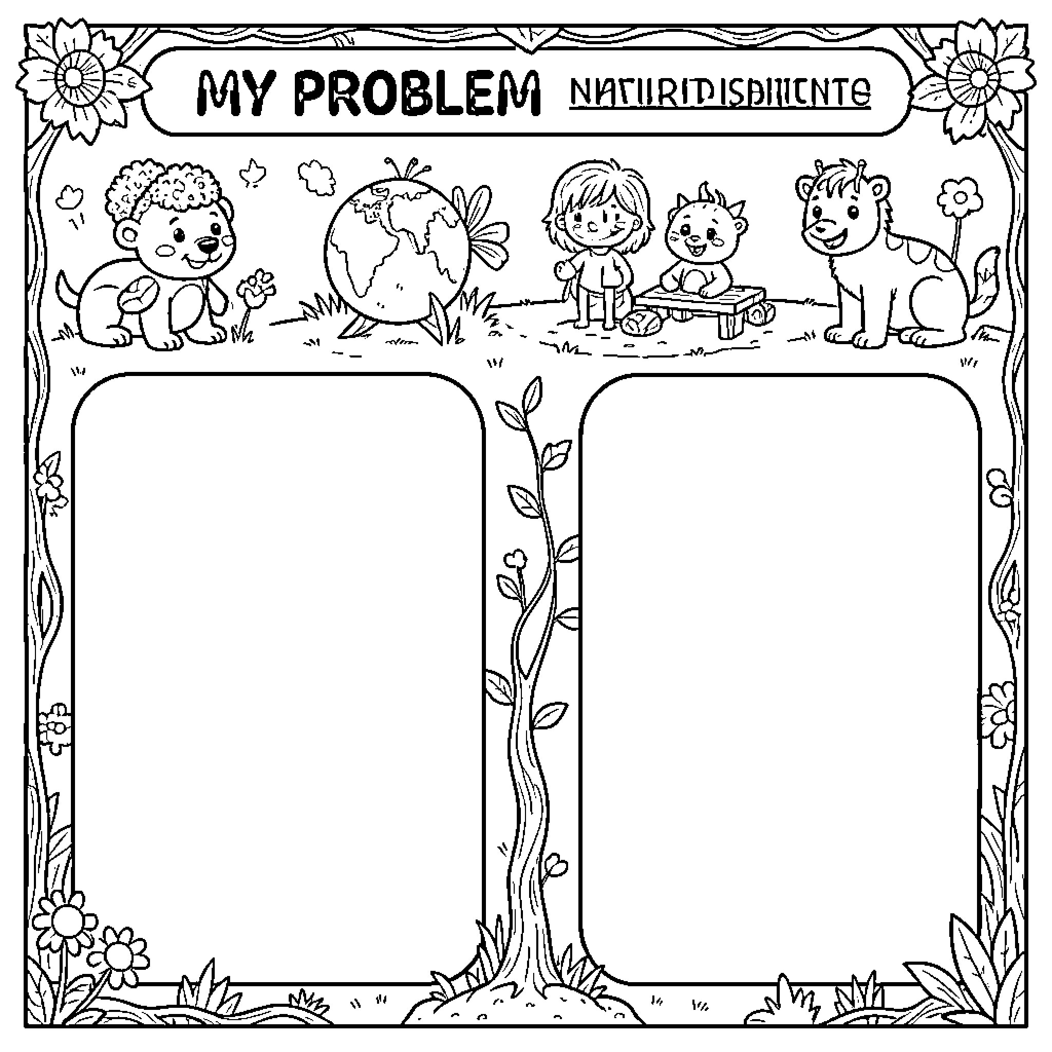 Worksheet: Children and Animals in Nature Coloring Page (free black-and-white line drawing printable PDF for all, from beginners to advanced learners, including children, teens, adults, and seniors)