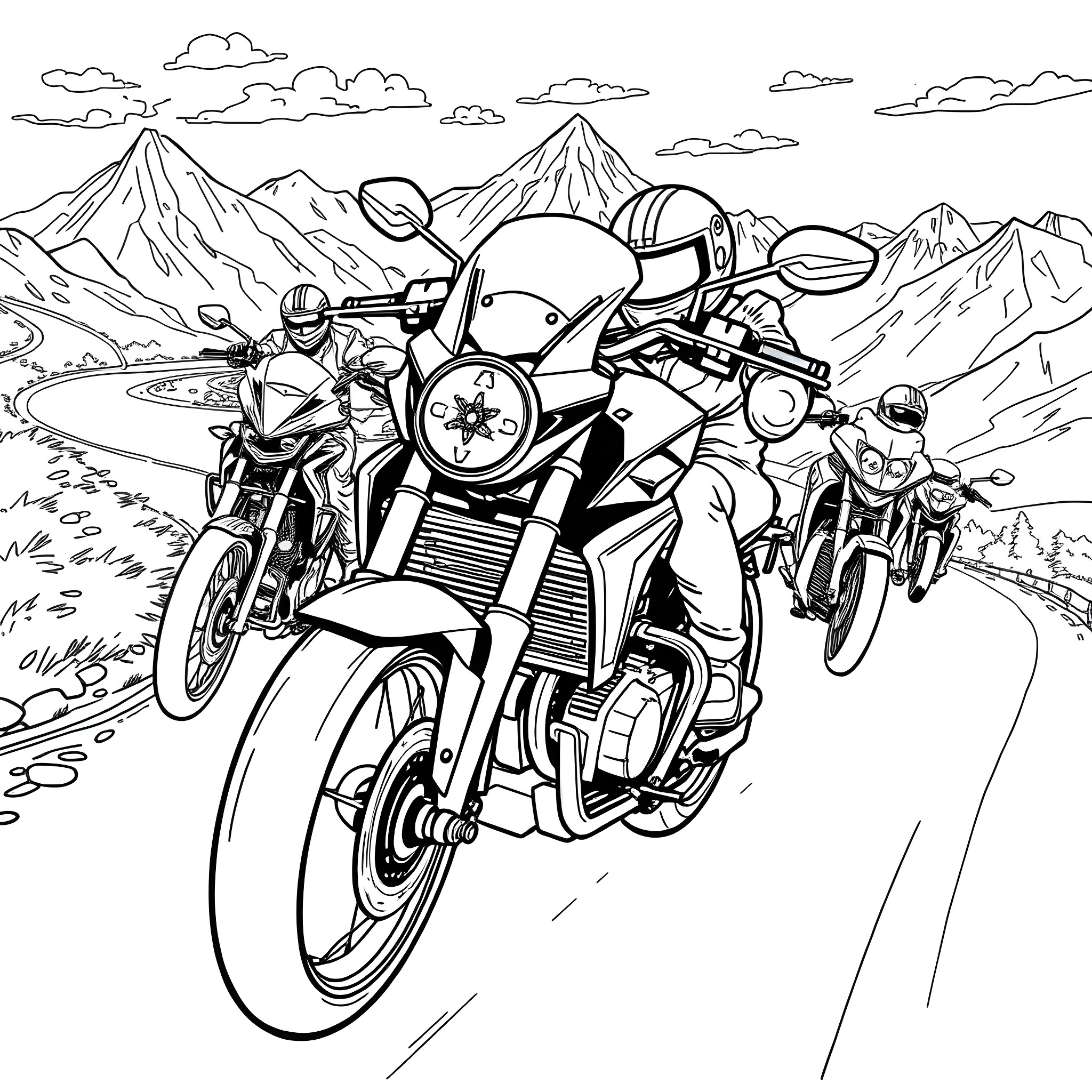Motorcycle Adventure Through Mountainous Terrain Coloring Page (free black-and-white line drawing printable PDF for all, from beginners to advanced learners, including children, teens, adults, and seniors)
