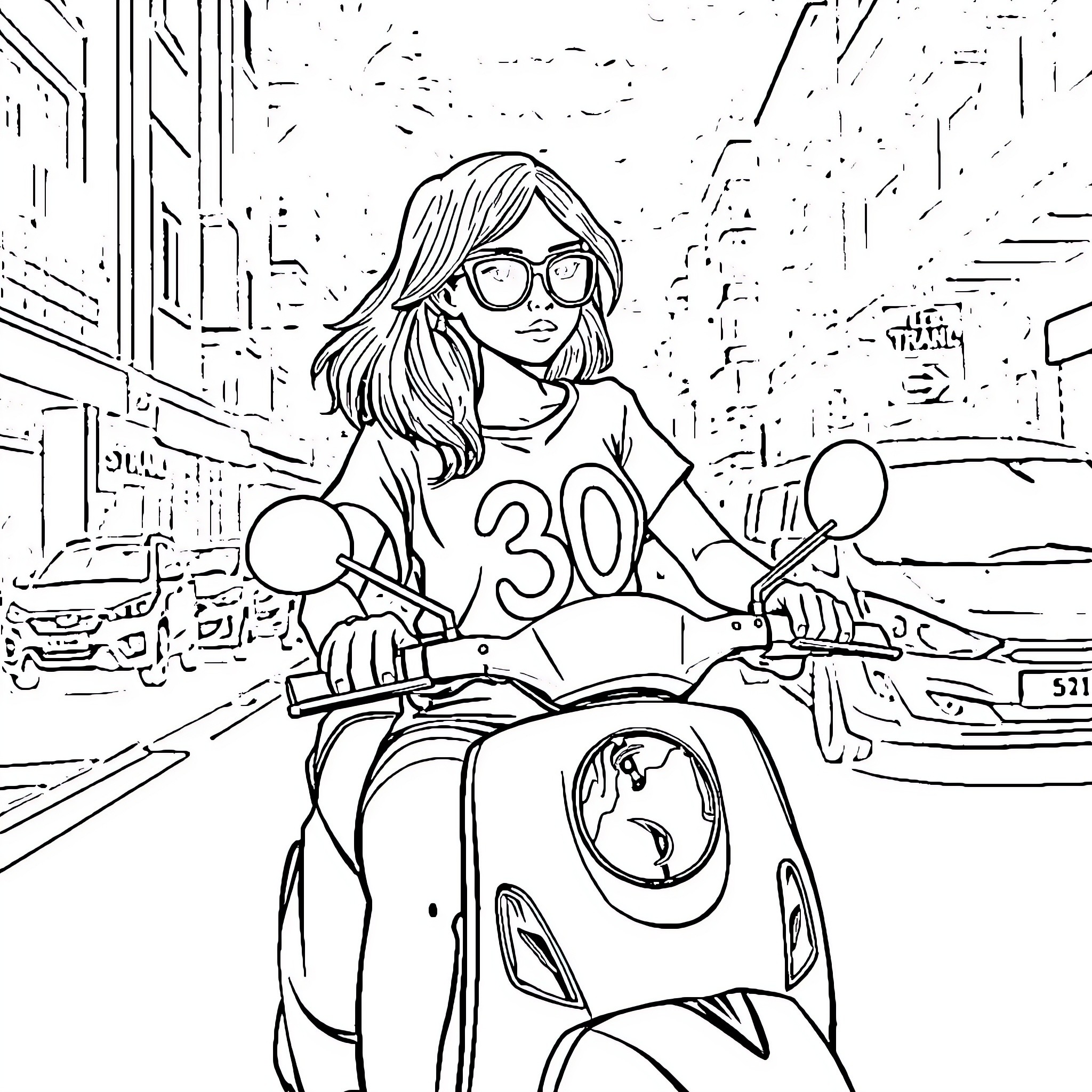 Girl riding scooter through busy city streets Coloring Page (free black-and-white line drawing printable PDF for all, from beginners to advanced learners, including children, teens, adults, and seniors)