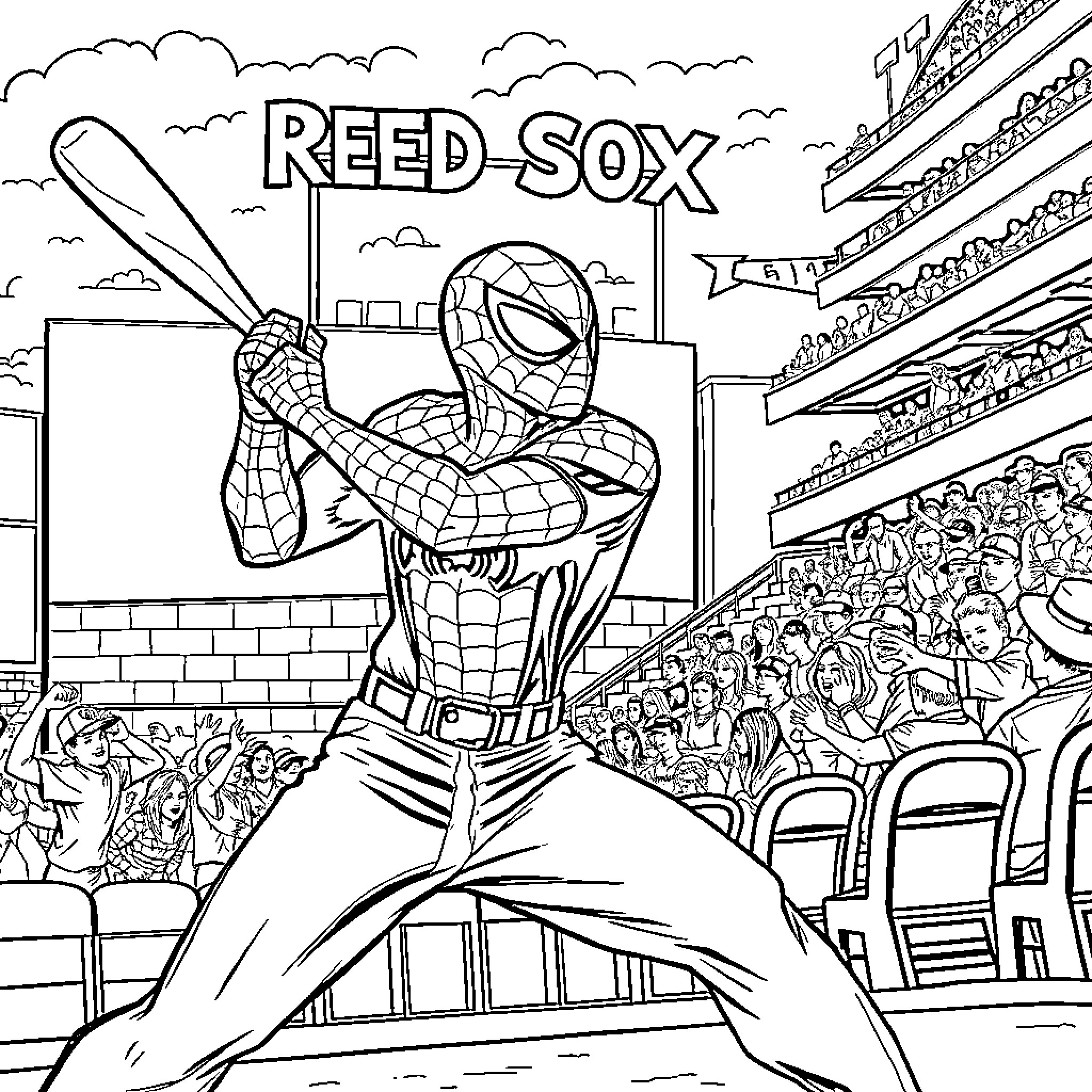 Spider-Man battling at the Reed Sox stadium Coloring Page (free black-and-white line drawing printable PDF for all, from beginners to advanced learners, including children, teens, adults, and seniors)