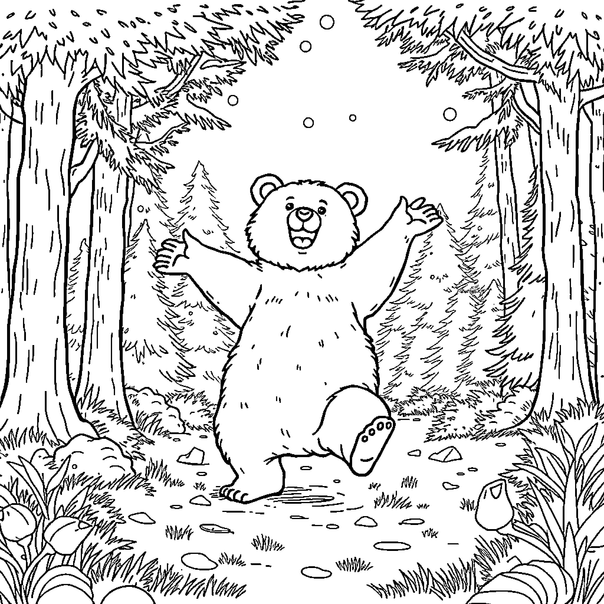 Bear Celebrating in the Snowy Forest Coloring Page (free black-and-white line drawing printable PDF for all, from beginners to advanced learners, including children, teens, adults, and seniors)