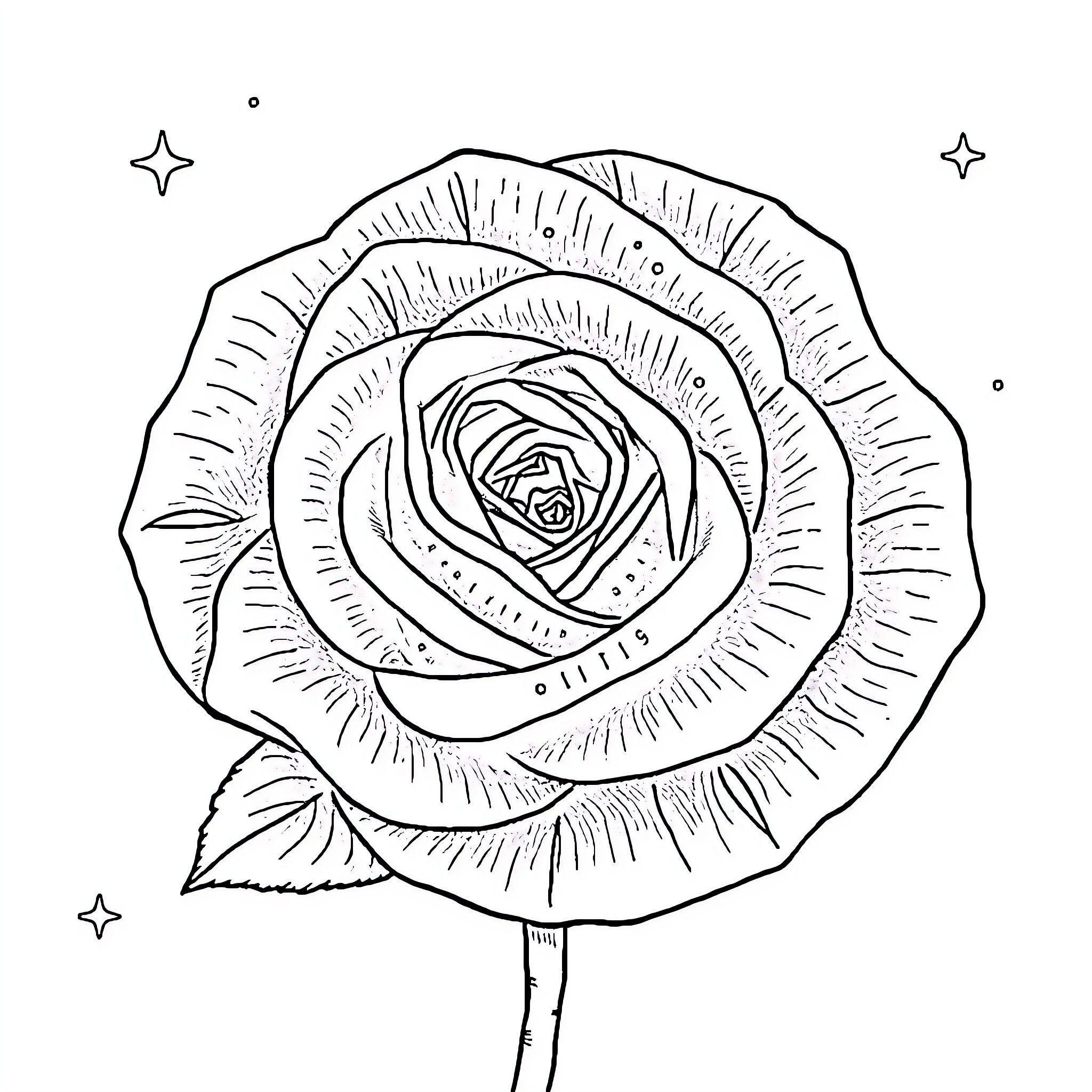 Rose with Intricate Petals Amidst Starry Skies Coloring Page (free black-and-white line drawing printable PDF for all, from beginners to advanced learners, including children, teens, adults, and seniors)