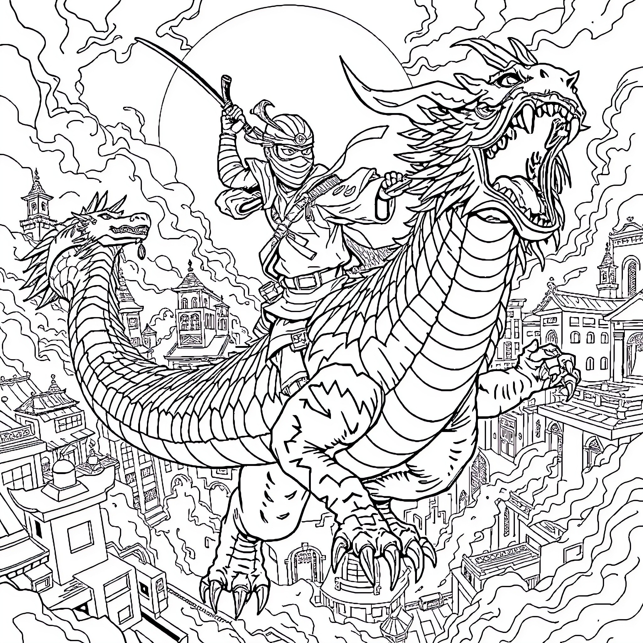 Ninja warrior battling ferocious dragon in urban landscape Coloring Page (free black-and-white line drawing printable PDF for all, from beginners to advanced learners, including children, teens, adults, and seniors)