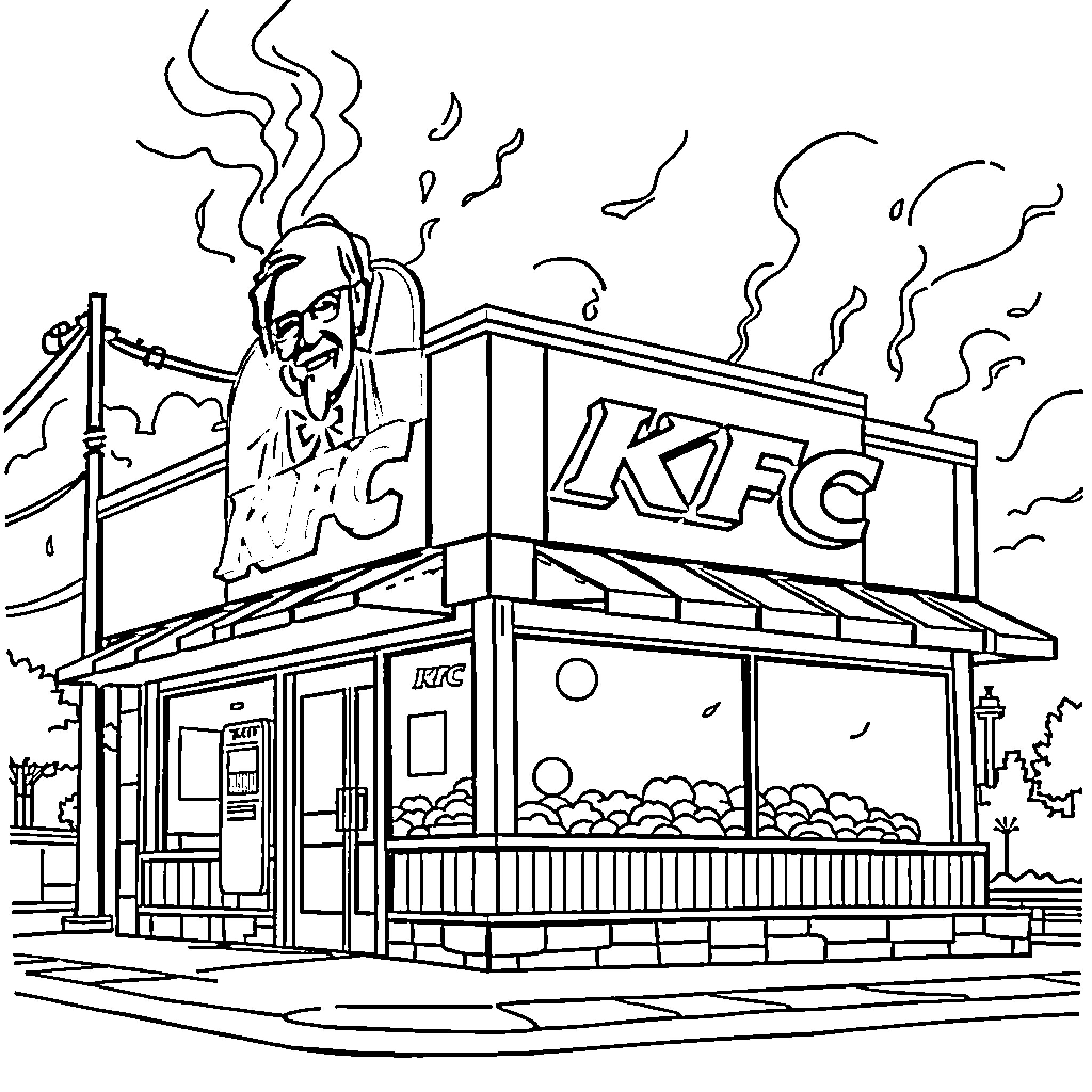 KFC restaurant with steaming hot exterior Coloring Page (free black-and-white line drawing printable PDF for all, from beginners to advanced learners, including children, teens, adults, and seniors)