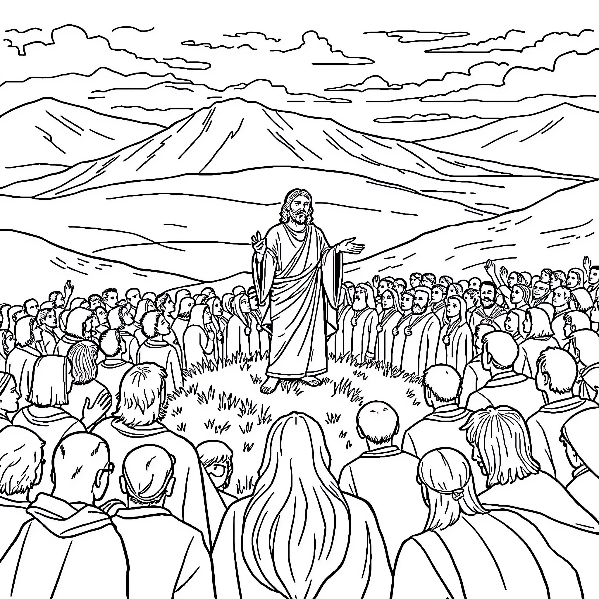 Jesus preaching to the crowd on a mountainous landscape Coloring Page (free black-and-white line drawing printable PDF for all, from beginners to advanced learners, including children, teens, adults, and seniors)