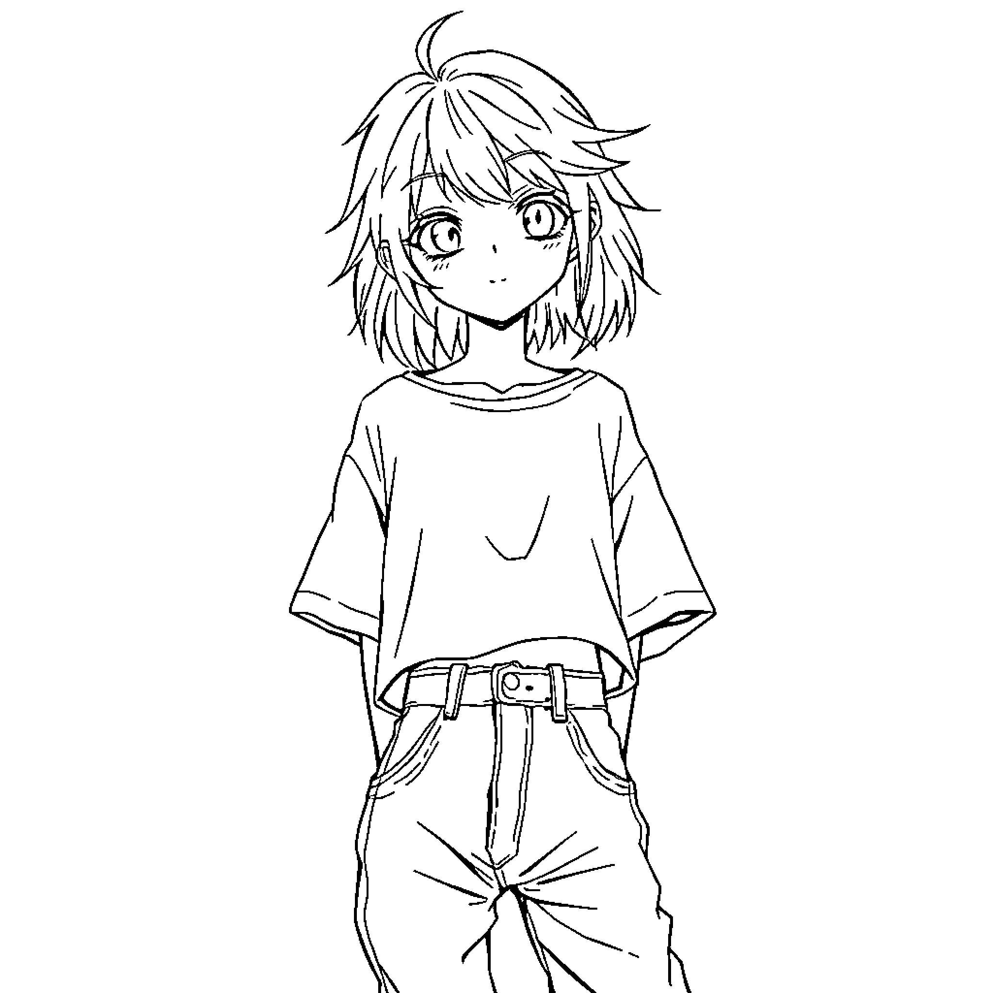 Anime Girl with Casual Outfit and Expressive Face Coloring Page (free black-and-white line drawing printable PDF for all, from beginners to advanced learners, including children, teens, adults, and seniors)
