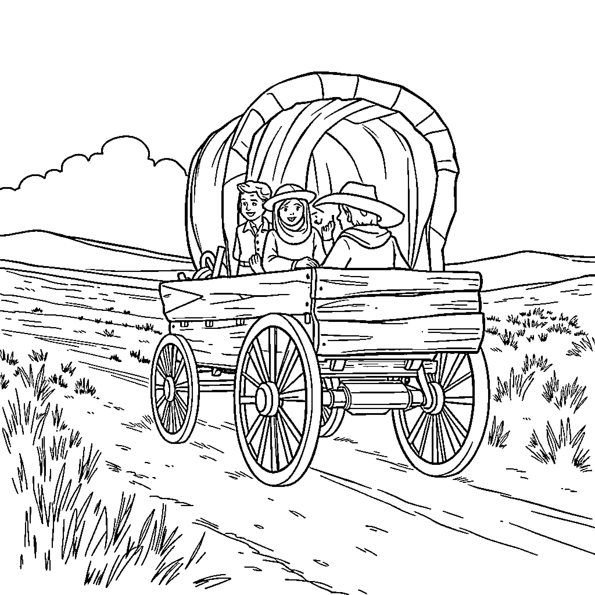 Pioneer Family Traveling on a Covered Wagon Coloring Page (free black-and-white line drawing printable PDF for all, from beginners to advanced learners, including children, teens, adults, and seniors)