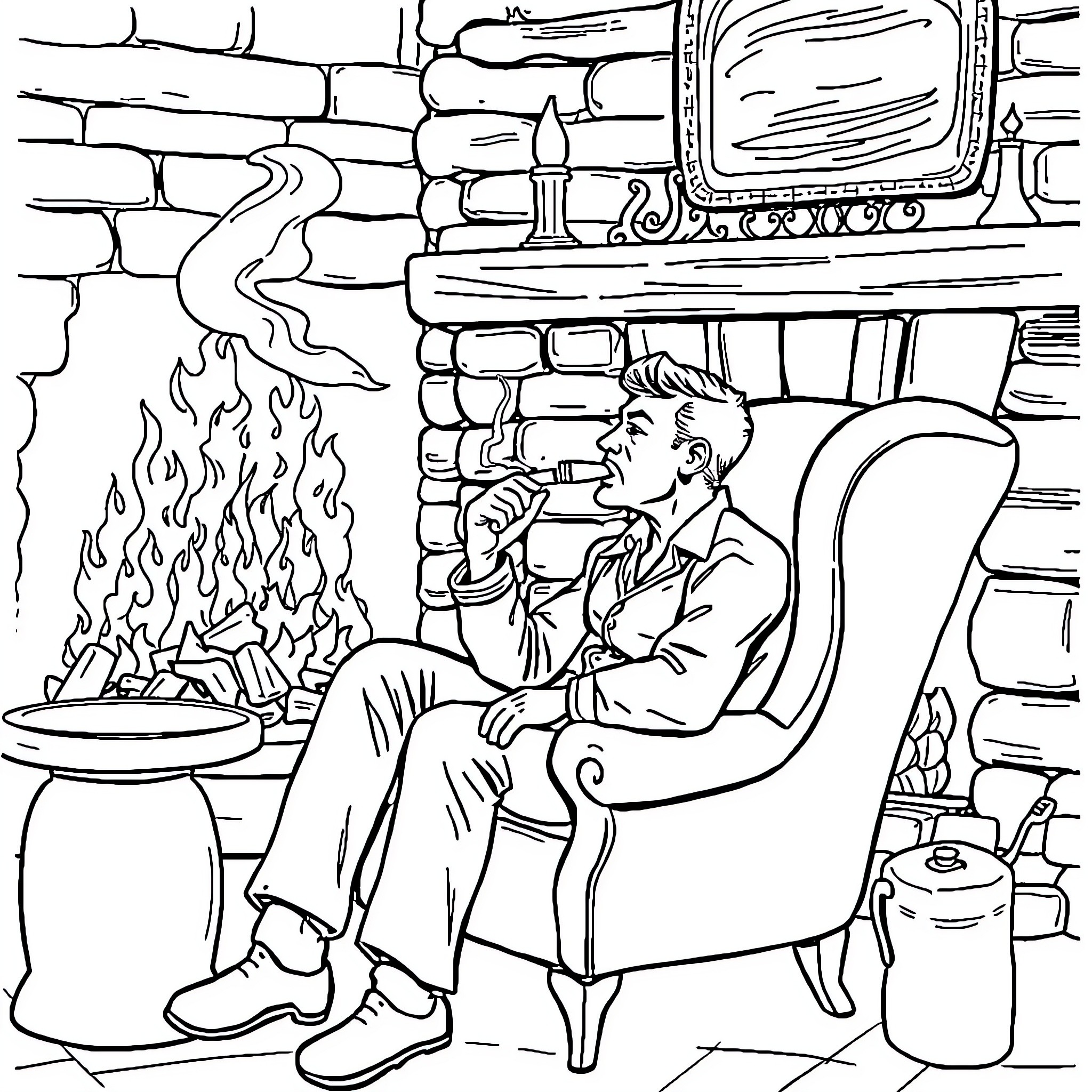 Cigar smoking man relaxing by a fireplace Coloring Page (free black-and-white line drawing printable PDF for all, from beginners to advanced learners, including children, teens, adults, and seniors)