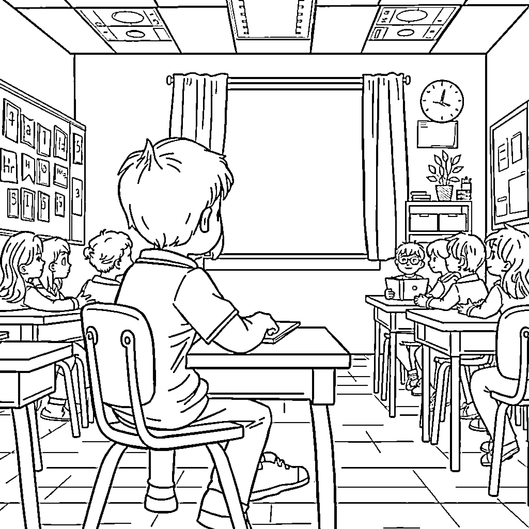 Kid drawing at desk in classroom with others Coloring Page (free black-and-white line drawing printable PDF for all, from beginners to advanced learners, including children, teens, adults, and seniors)
