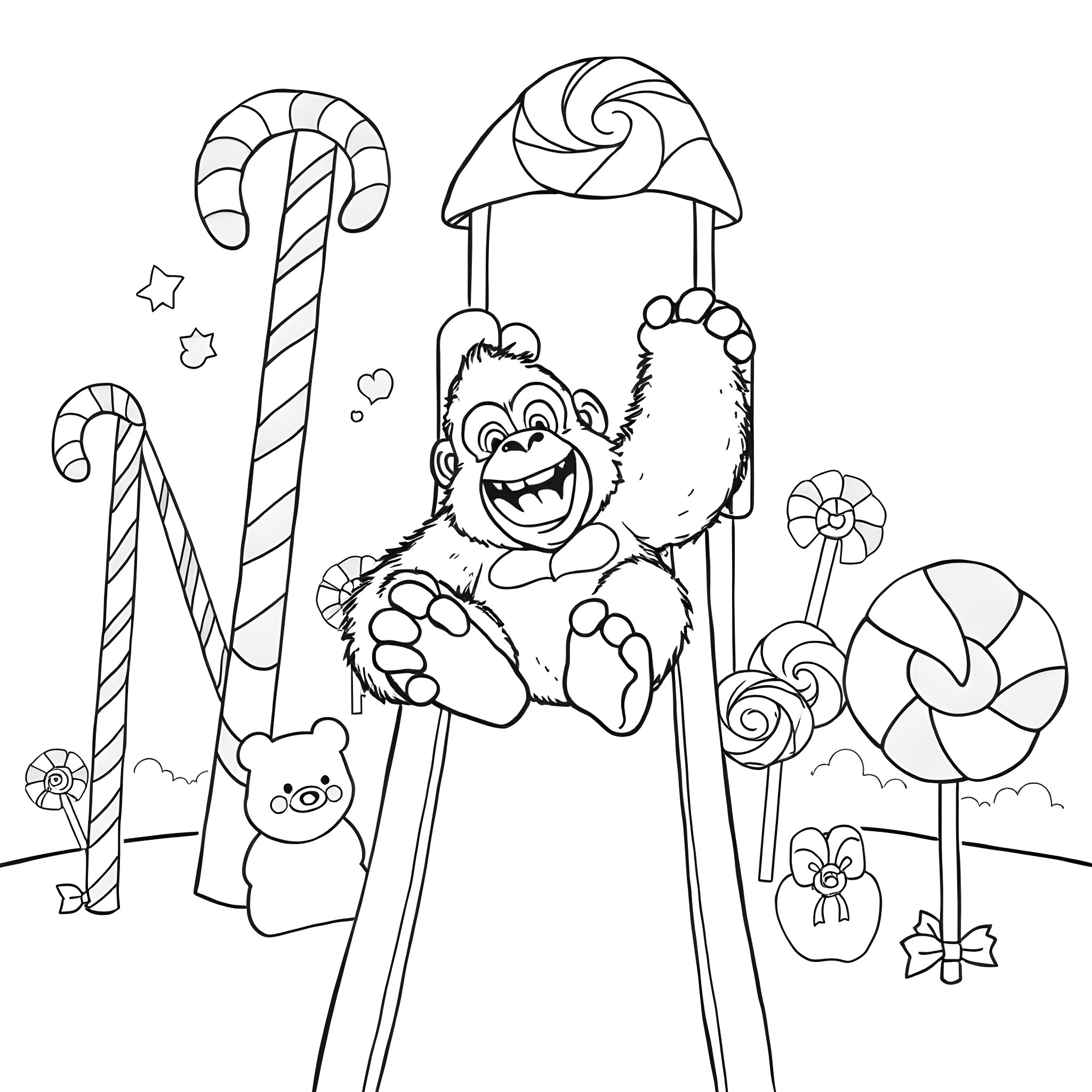 Gorilla playing happily with candy canes and lollipops Coloring Page (free black-and-white line drawing printable PDF for all, from beginners to advanced learners, including children, teens, adults, and seniors)