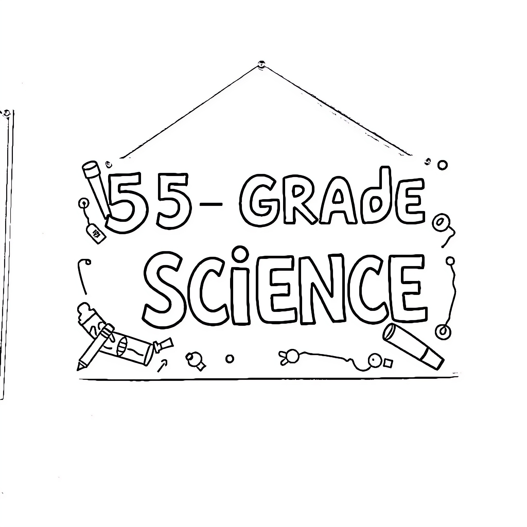 Science Symbols and Equipment for 55-Grade Coloring Page (free black-and-white line drawing printable PDF for all, from beginners to advanced learners, including children, teens, adults, and seniors)
