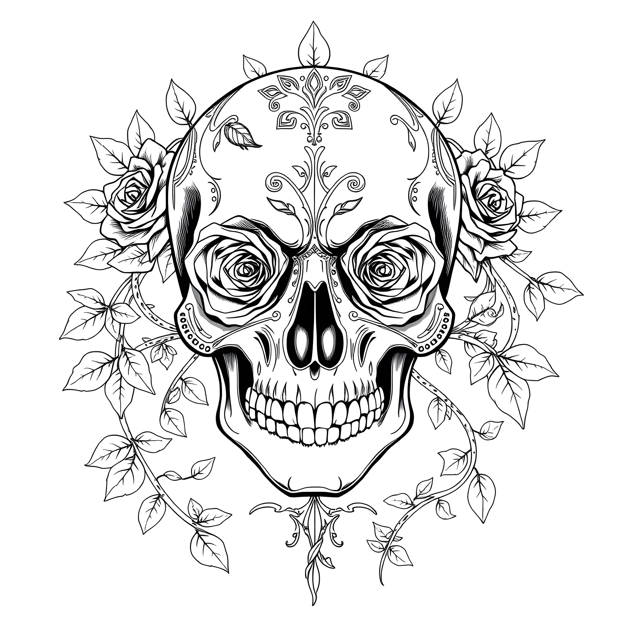 Skull adorned with intricate floral pattern Coloring Page (free black-and-white line drawing printable PDF for all, from beginners to advanced learners, including children, teens, adults, and seniors)