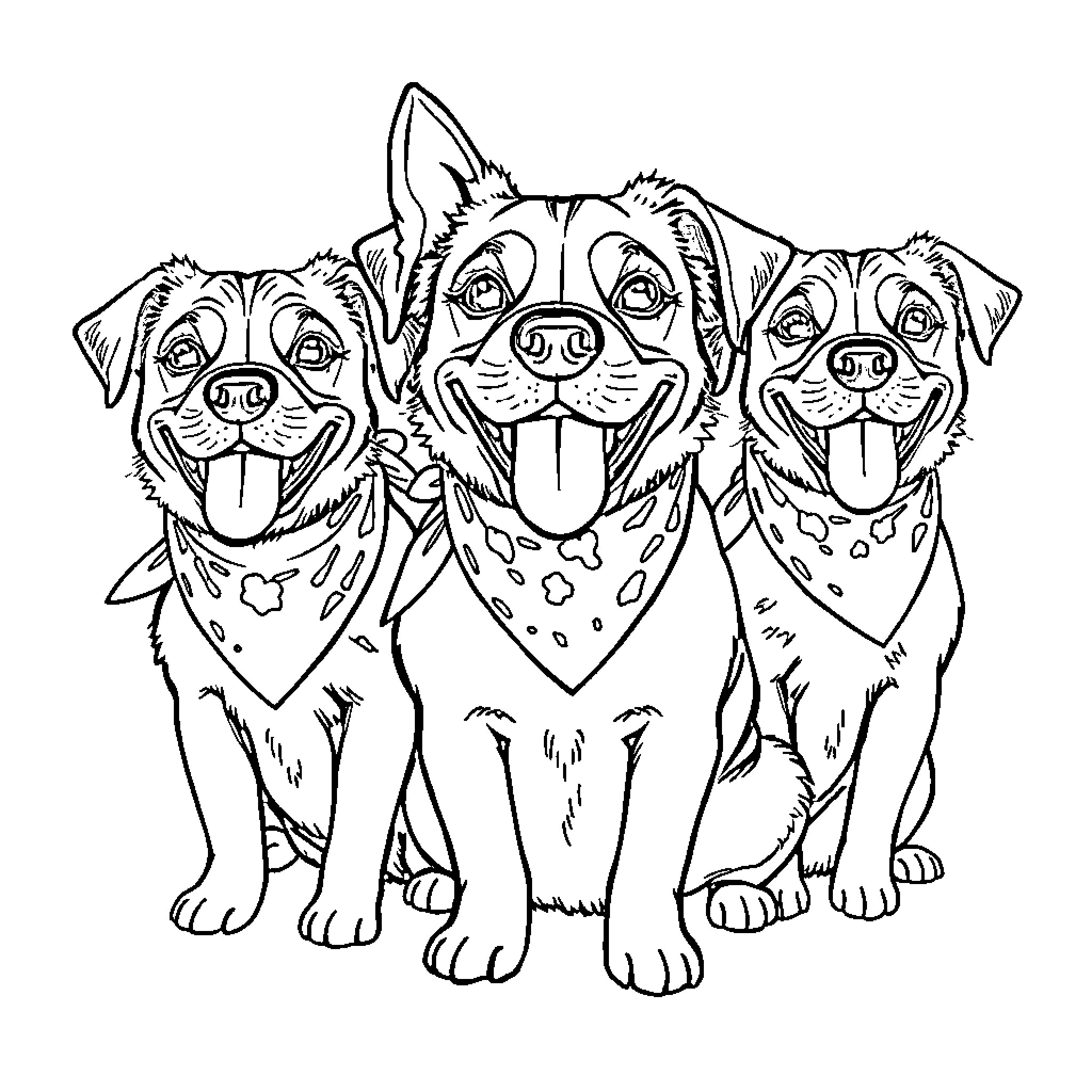 Dog friends wearing bandanas in black and white Coloring Page (free black-and-white line drawing printable PDF for all, from beginners to advanced learners, including children, teens, adults, and seniors)