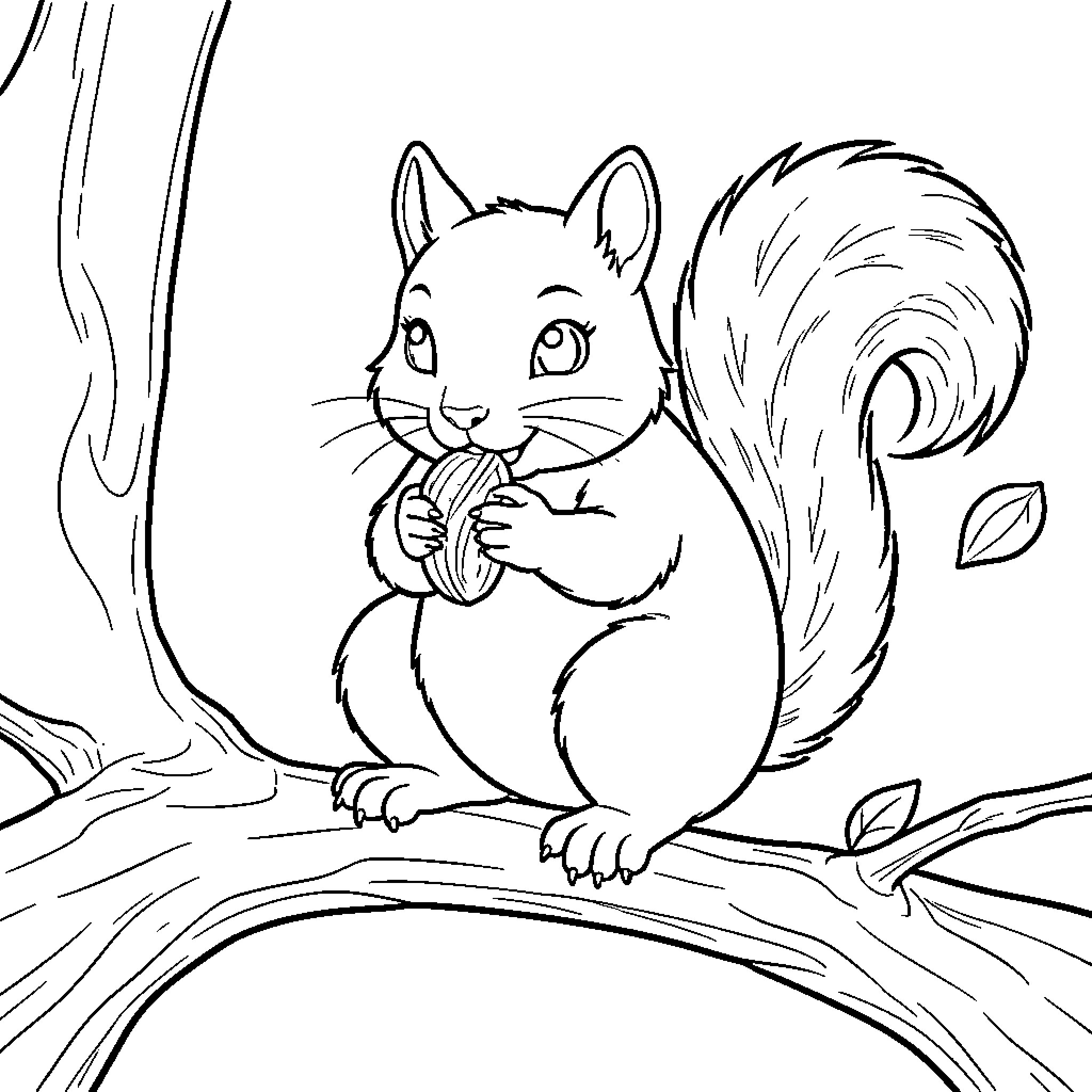 Squirrel sitting on a tree branch eating a nut Coloring Page (free black-and-white line drawing printable PDF for all, from beginners to advanced learners, including children, teens, adults, and seniors)