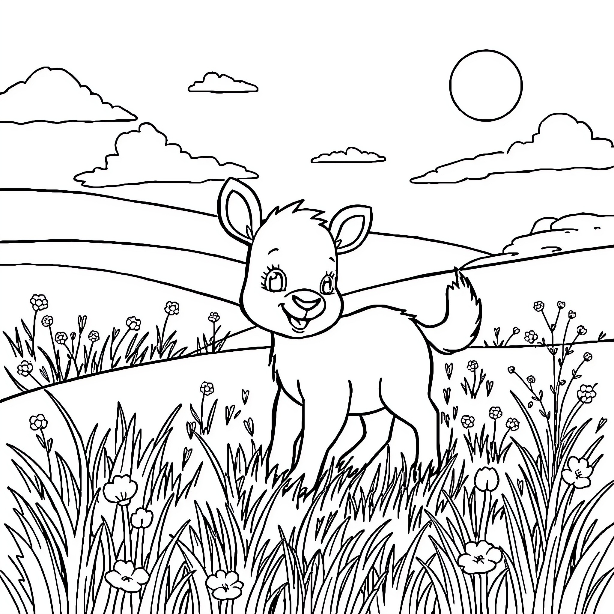 Animal playing in a meadow with flowers Coloring Page (free black-and-white line drawing printable PDF for all, from beginners to advanced learners, including children, teens, adults, and seniors)