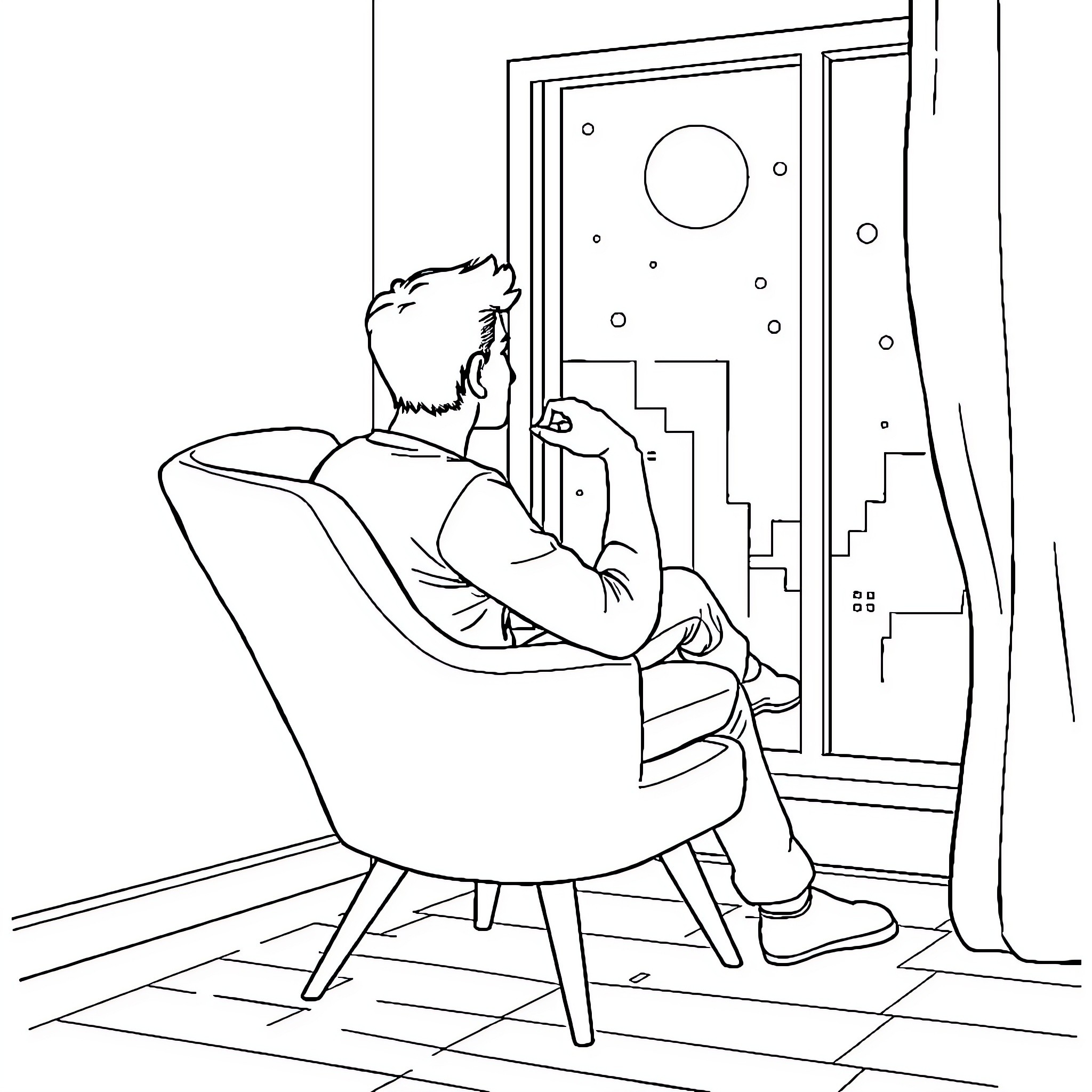 Human looking out the window on a snowy night Coloring Page (free black-and-white line drawing printable PDF for all, from beginners to advanced learners, including children, teens, adults, and seniors)