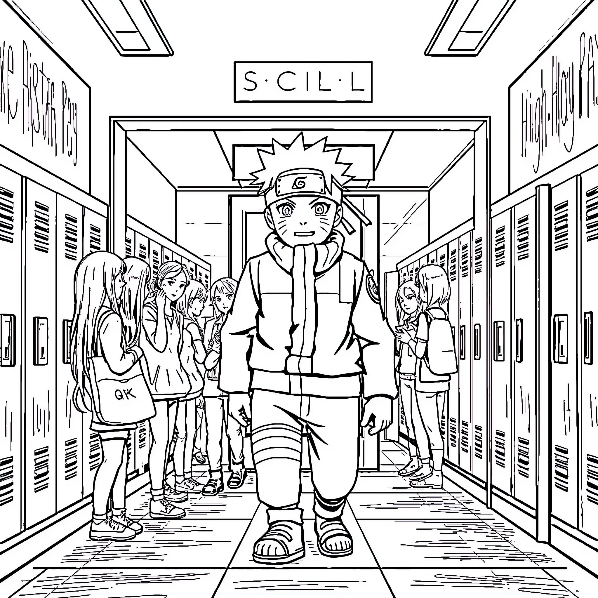 Naruto and Friends in the School Hallway Coloring Page (free black-and-white line drawing printable PDF for all, from beginners to advanced learners, including children, teens, adults, and seniors)