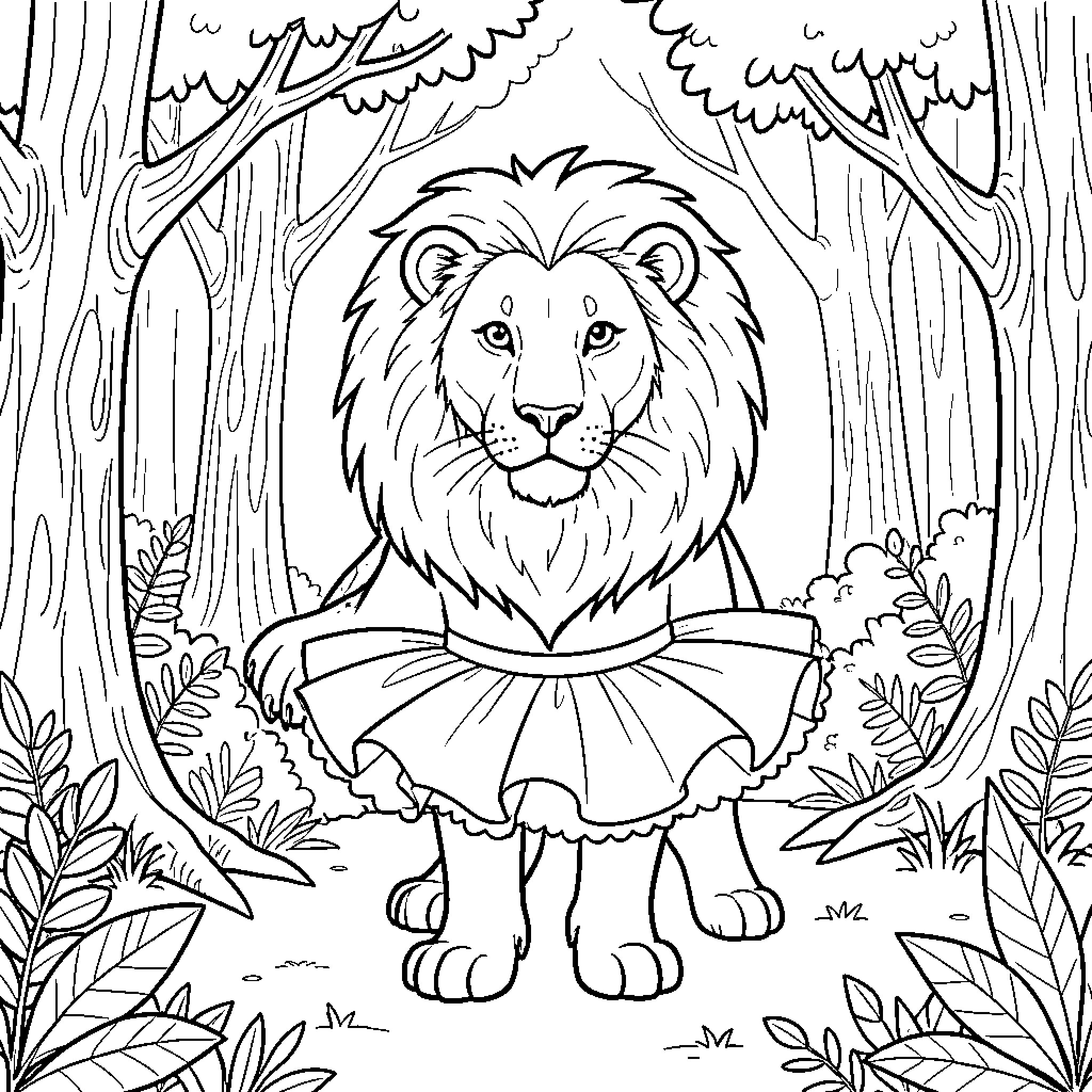 Lion wearing a tutu standing in the forest Coloring Page (free black-and-white line drawing printable PDF for all, from beginners to advanced learners, including children, teens, adults, and seniors)