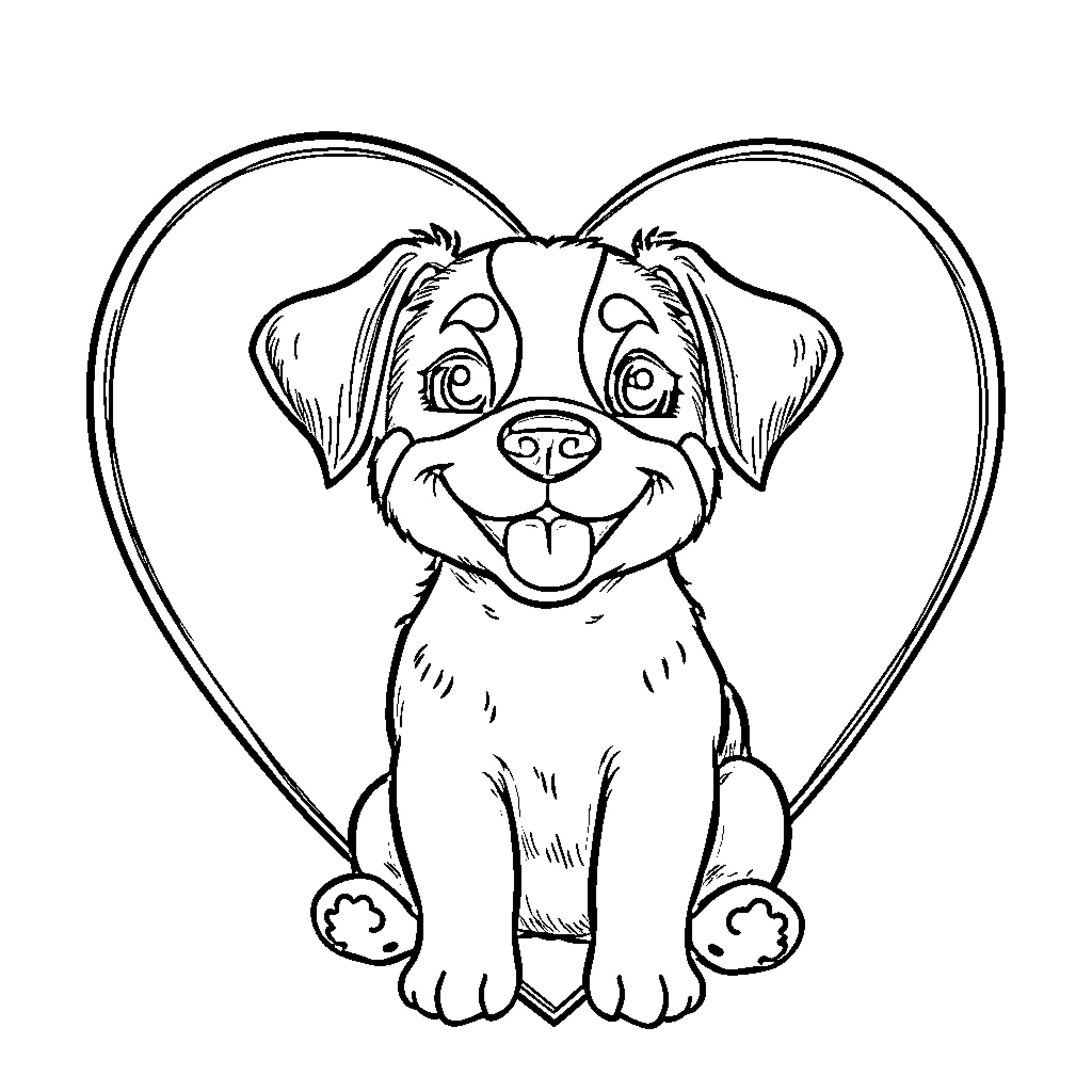 Dog sitting happily in heart-shaped frame Coloring Page (free black-and-white line drawing printable PDF for all, from beginners to advanced learners, including children, teens, adults, and seniors)