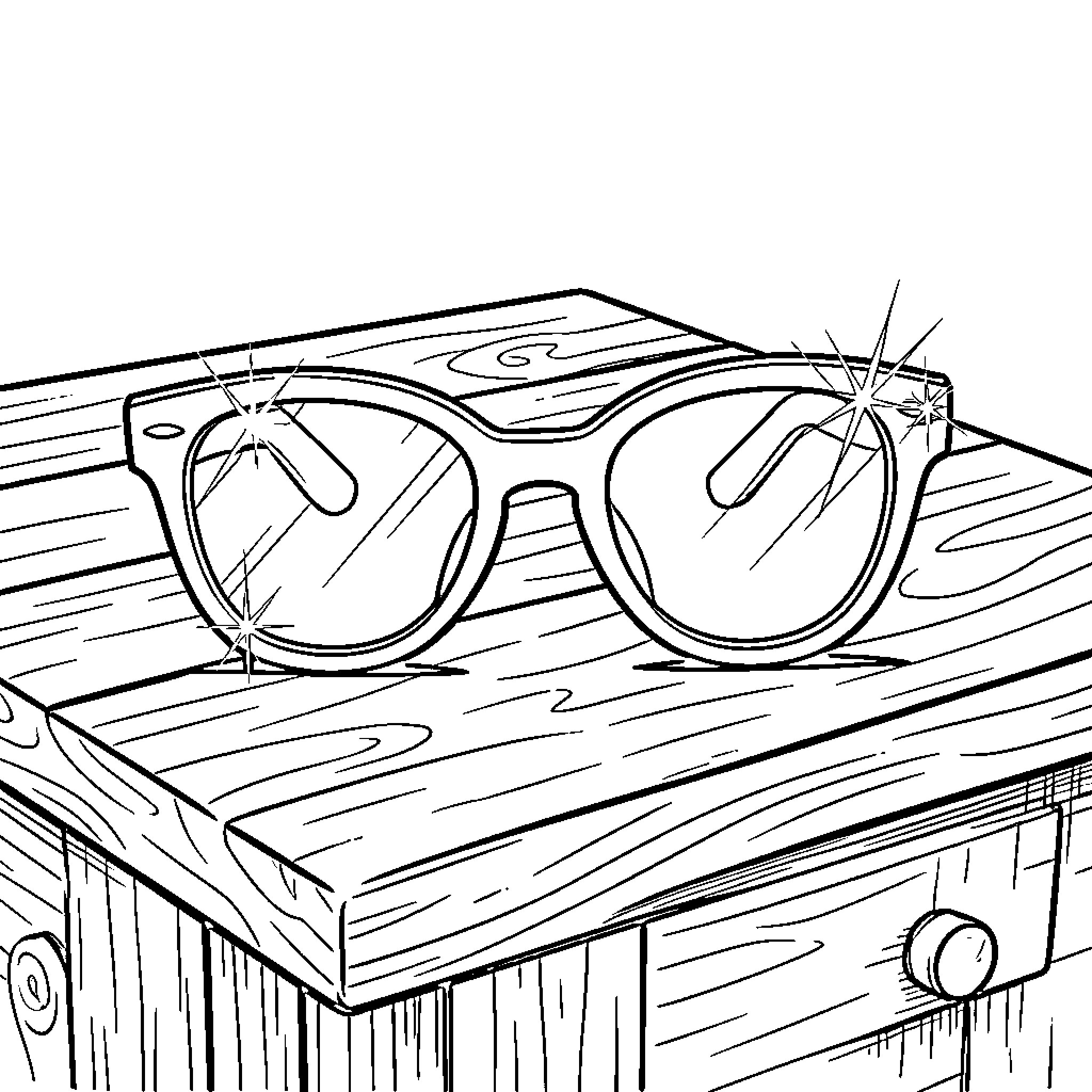 Glasses resting on a wooden surface Coloring Page (free black-and-white line drawing printable PDF for all, from beginners to advanced learners, including children, teens, adults, and seniors)