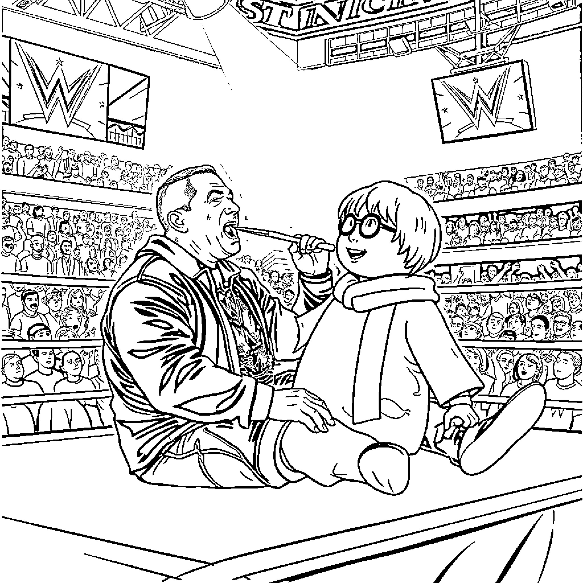 John Cena interacting with a fan in a wrestling arena Coloring Page (free black-and-white line drawing printable PDF for all, from beginners to advanced learners, including children, teens, adults, and seniors)