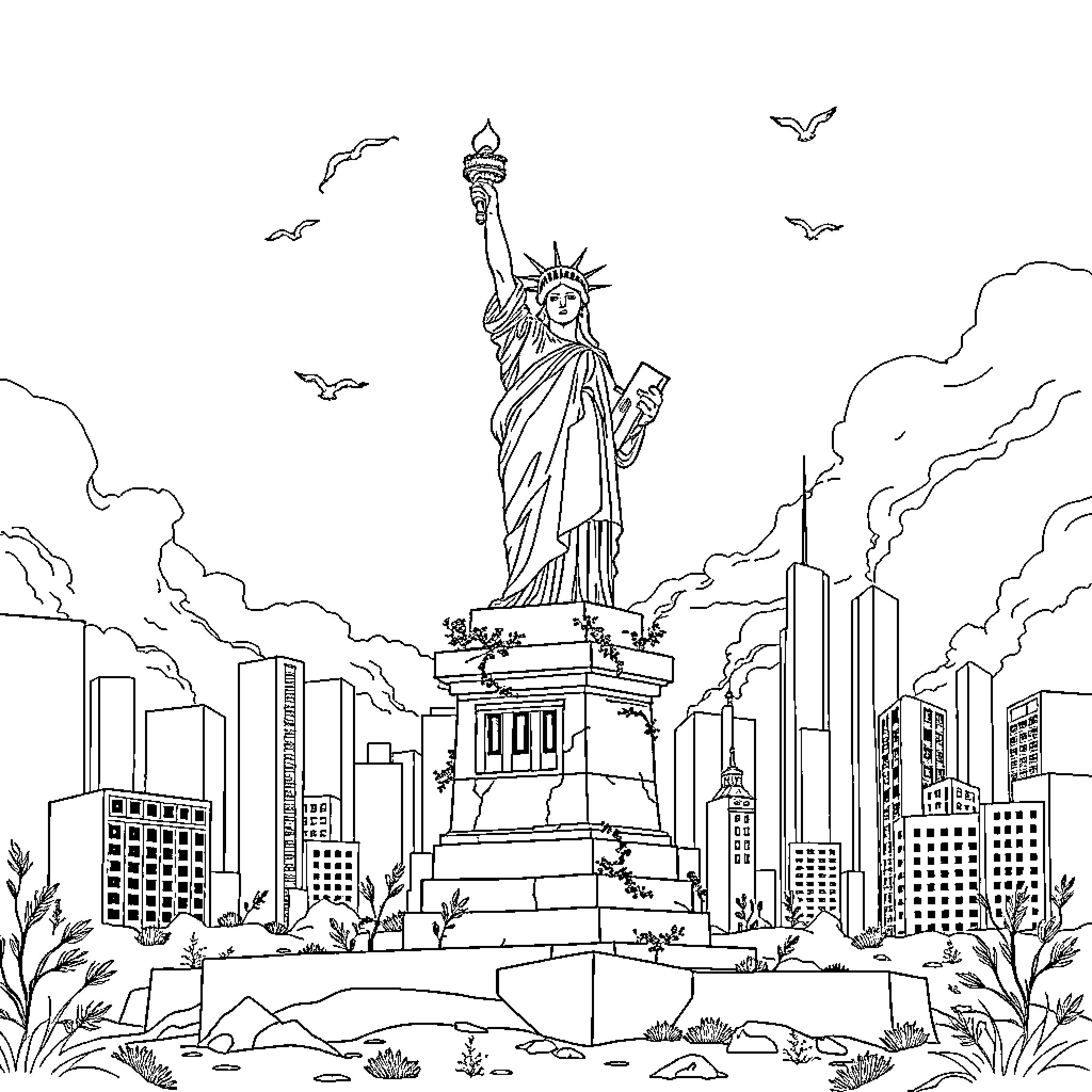 Statue Of Liberty standing tall in the city skyline Coloring Page (free black-and-white line drawing printable PDF for all, from beginners to advanced learners, including children, teens, adults, and seniors)