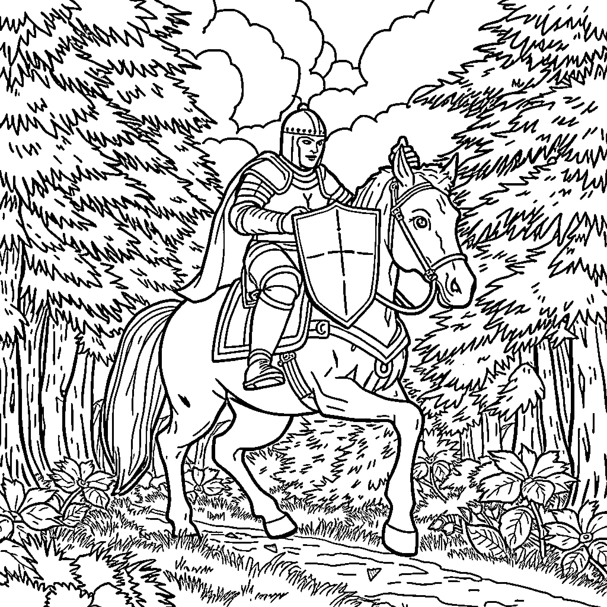 Knight riding through the enchanted forest Coloring Page (free black-and-white line drawing printable PDF for all, from beginners to advanced learners, including children, teens, adults, and seniors)