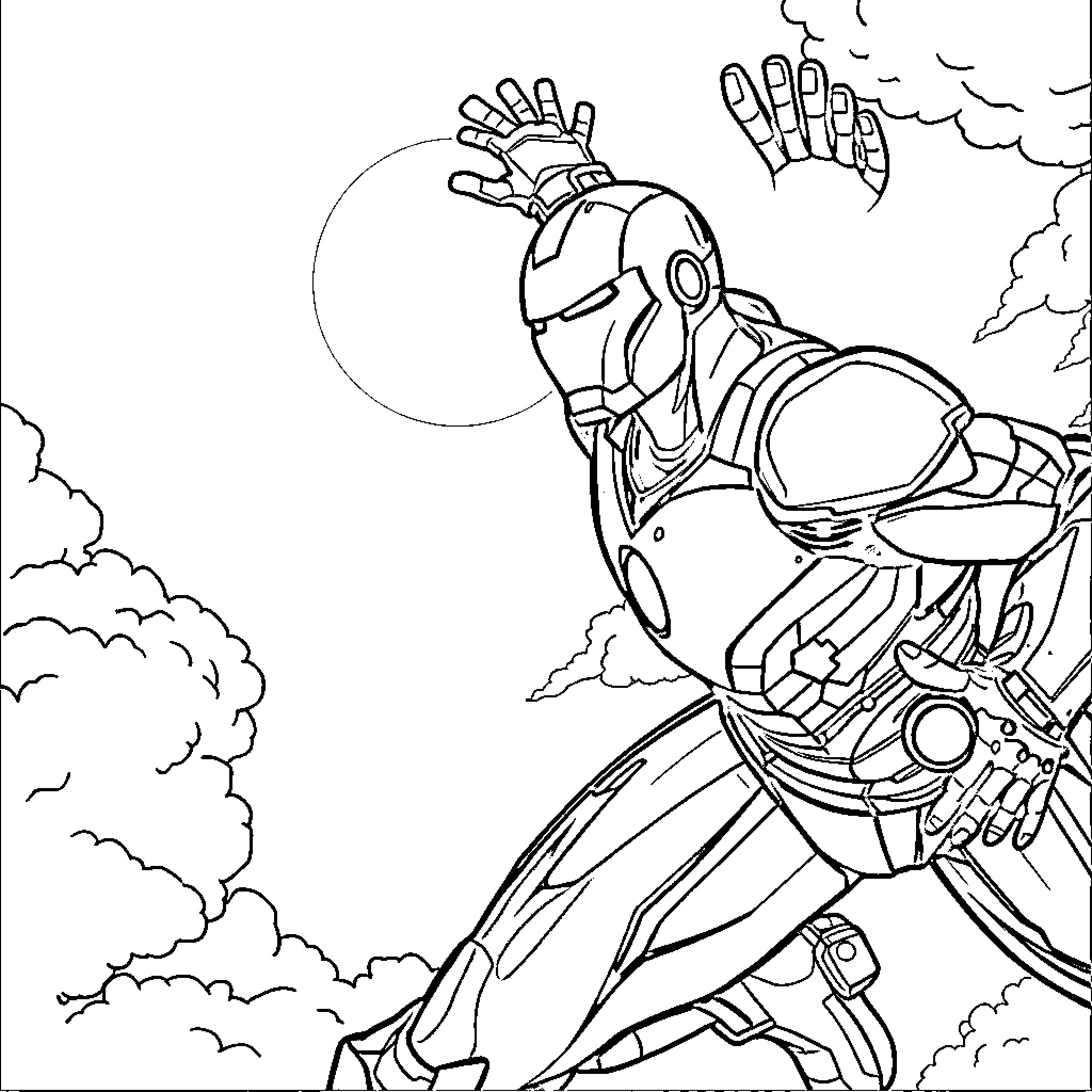 Iron Man taking flight amidst the clouds Coloring Page (free black-and-white line drawing printable PDF for all, from beginners to advanced learners, including children, teens, adults, and seniors)