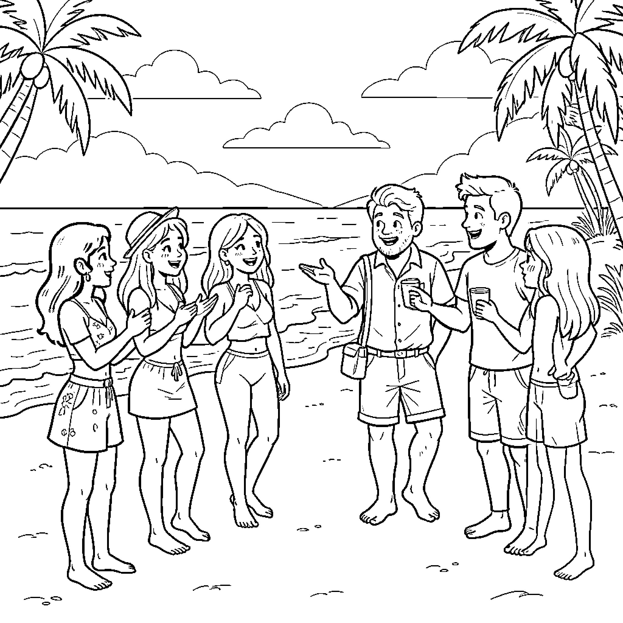 Gabychat group of friends talking on the beach Coloring Page (free black-and-white line drawing printable PDF for all, from beginners to advanced learners, including children, teens, adults, and seniors)