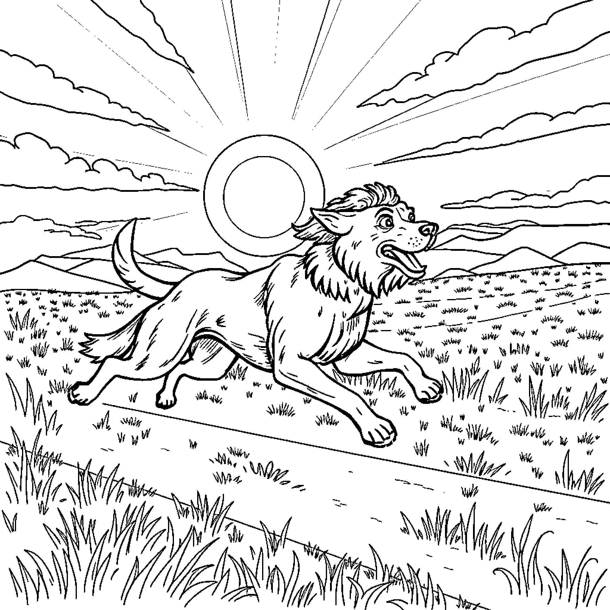 Euripides' Canine Adventure in the Radiant Landscape Coloring Page (free black-and-white line drawing printable PDF for all, from beginners to advanced learners, including children, teens, adults, and seniors)