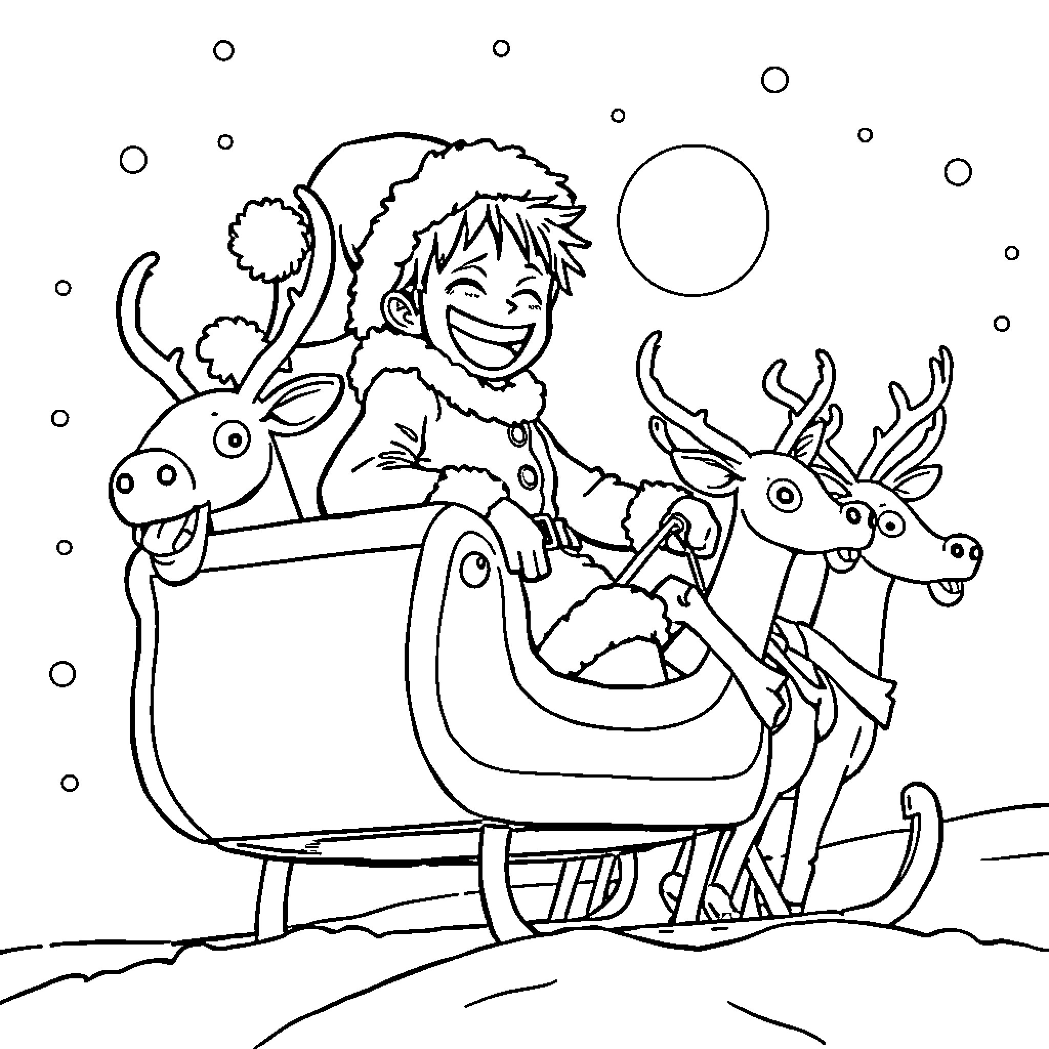 Monkey D Luffy riding a sleigh with his reindeer friends Coloring Page (free black-and-white line drawing printable PDF for all, from beginners to advanced learners, including children, teens, adults, and seniors)