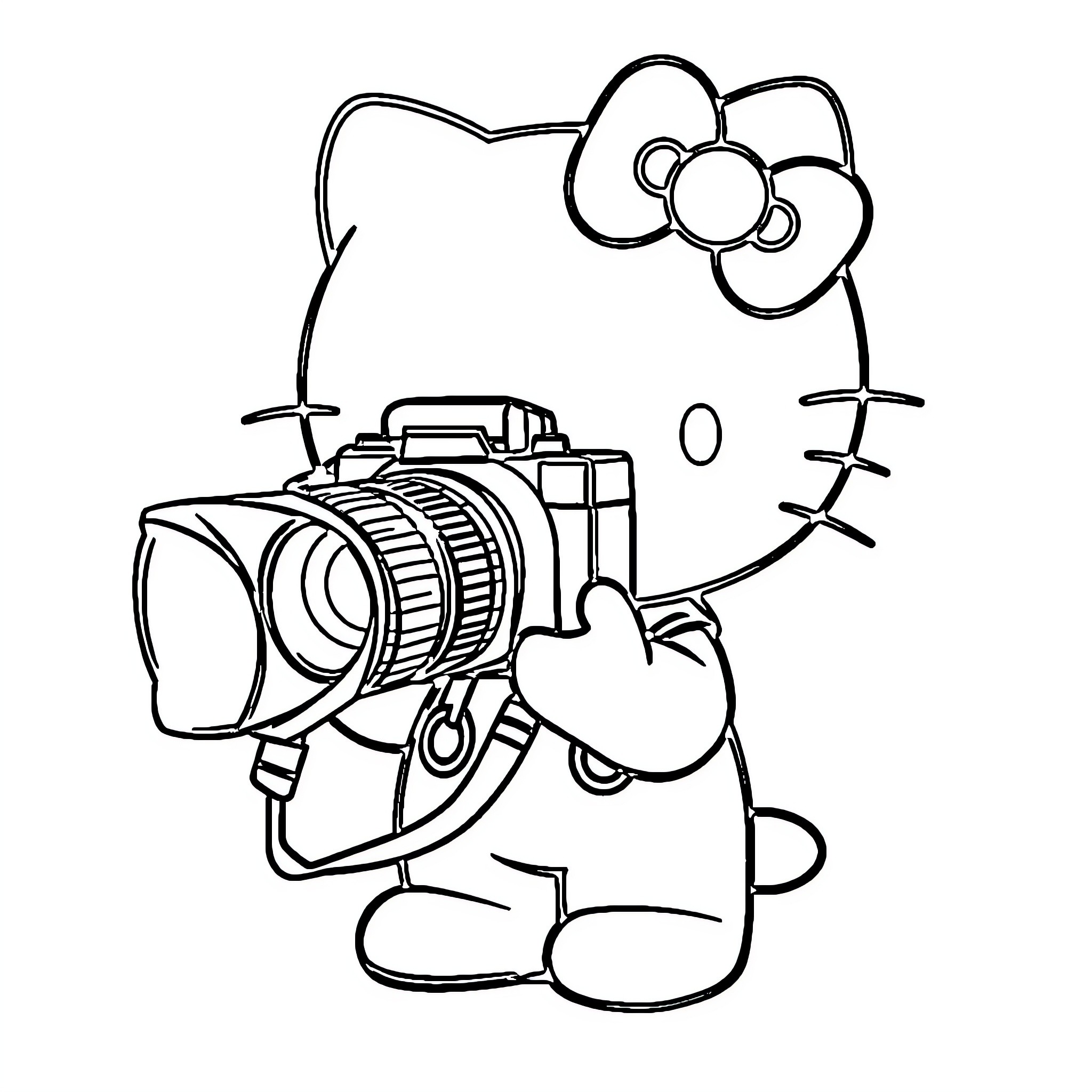 Hello Kitty holding a camera Coloring Page (free black-and-white line drawing printable PDF for all, from beginners to advanced learners, including children, teens, adults, and seniors)