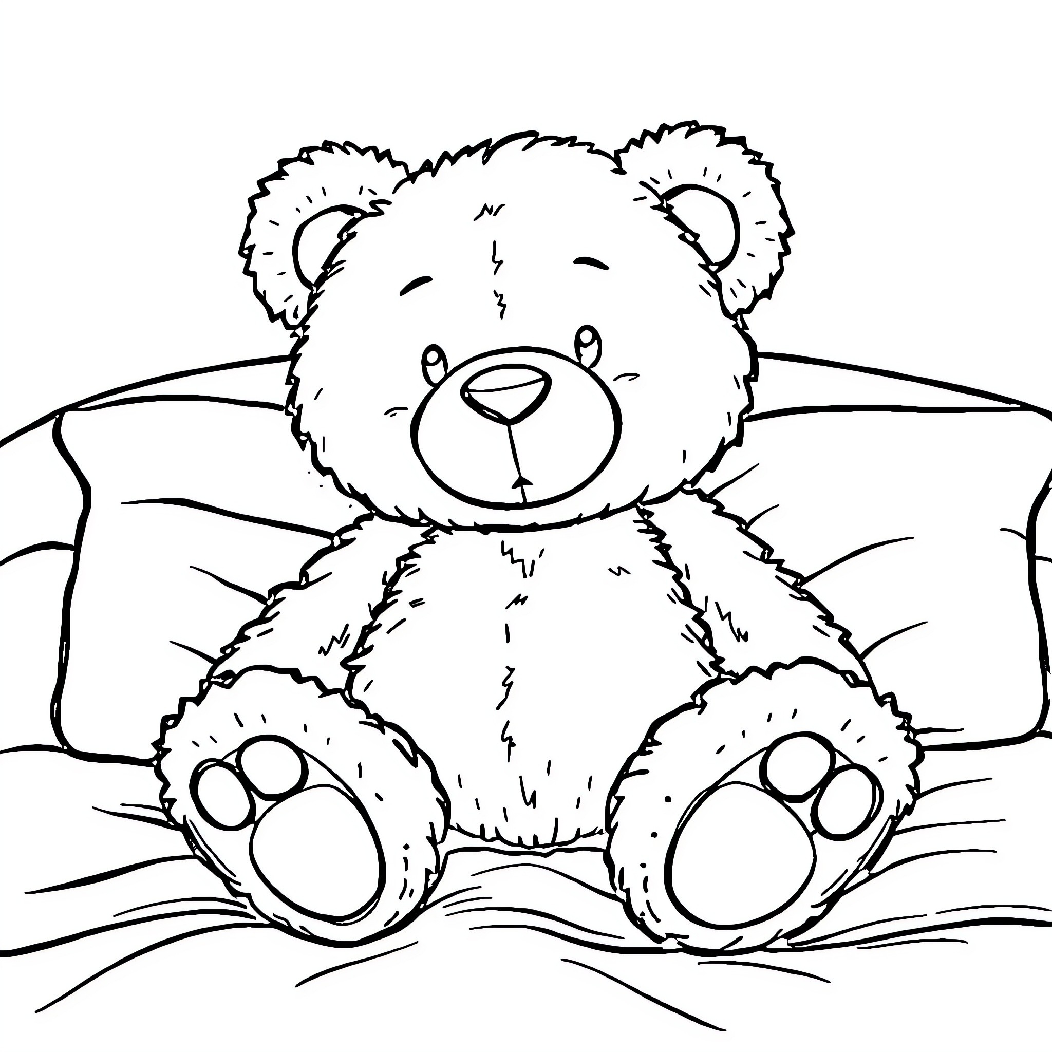 Teddy Bear resting comfortably on a bed Coloring Page (free black-and-white line drawing printable PDF for all, from beginners to advanced learners, including children, teens, adults, and seniors)
