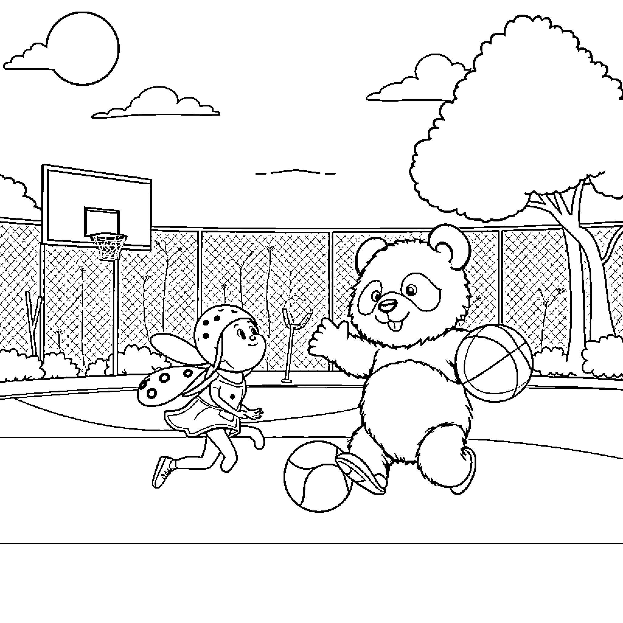 Ladybug playing happily with panda on basketball court Coloring Page (free black-and-white line drawing printable PDF for all, from beginners to advanced learners, including children, teens, adults, and seniors)