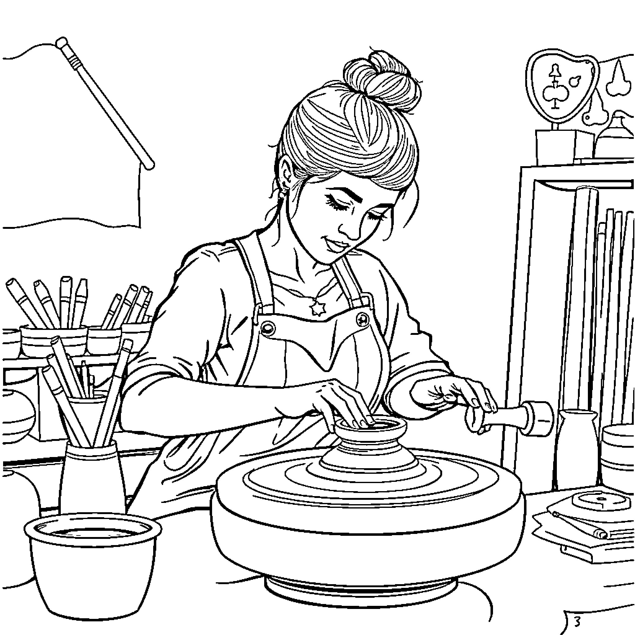 Art Teacher Working Creatively in Her Studio Coloring Page (free black-and-white line drawing printable PDF for all, from beginners to advanced learners, including children, teens, adults, and seniors)