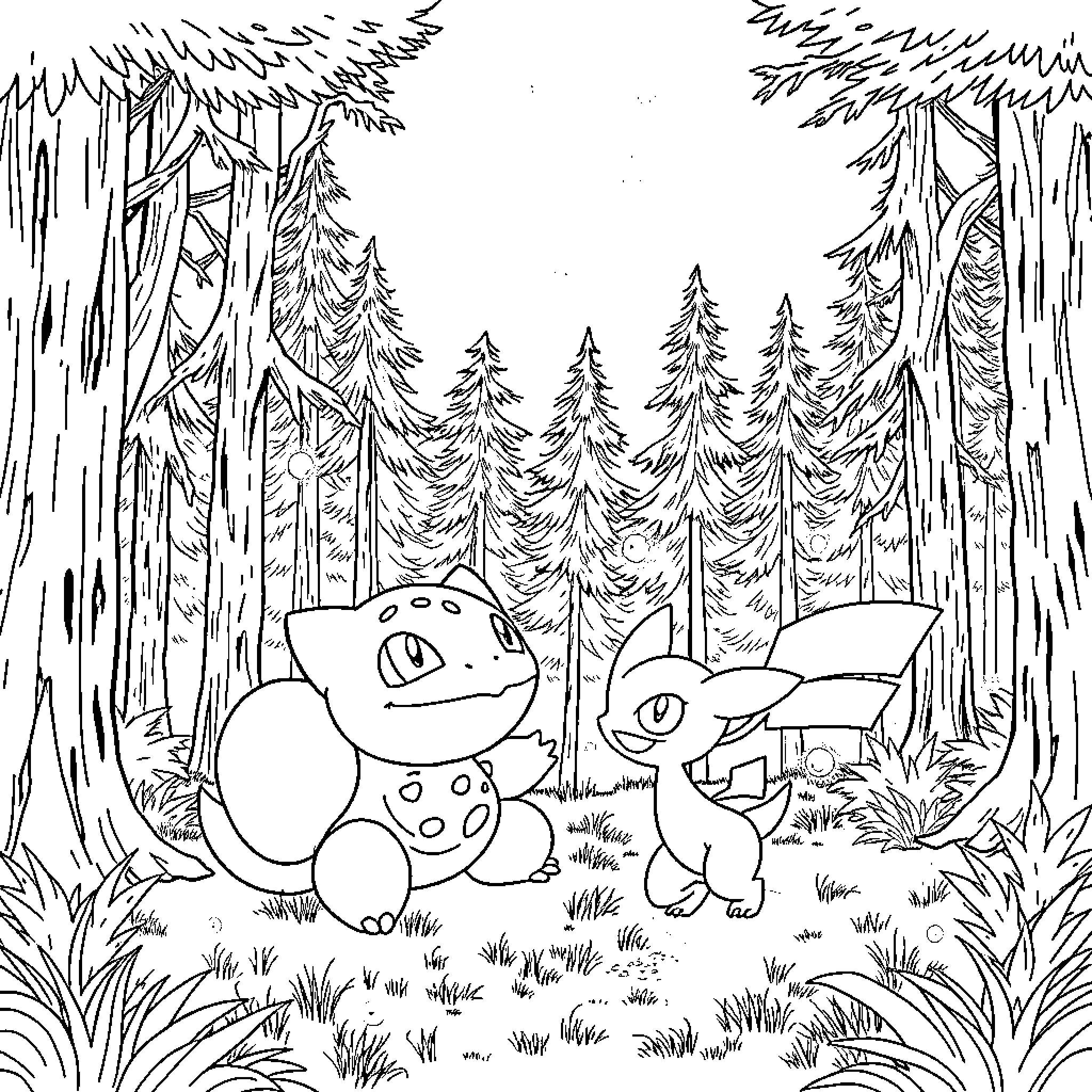 Bulbasaur and Charmander exploring the forest Coloring Page (free black-and-white line drawing printable PDF for all, from beginners to advanced learners, including children, teens, adults, and seniors)