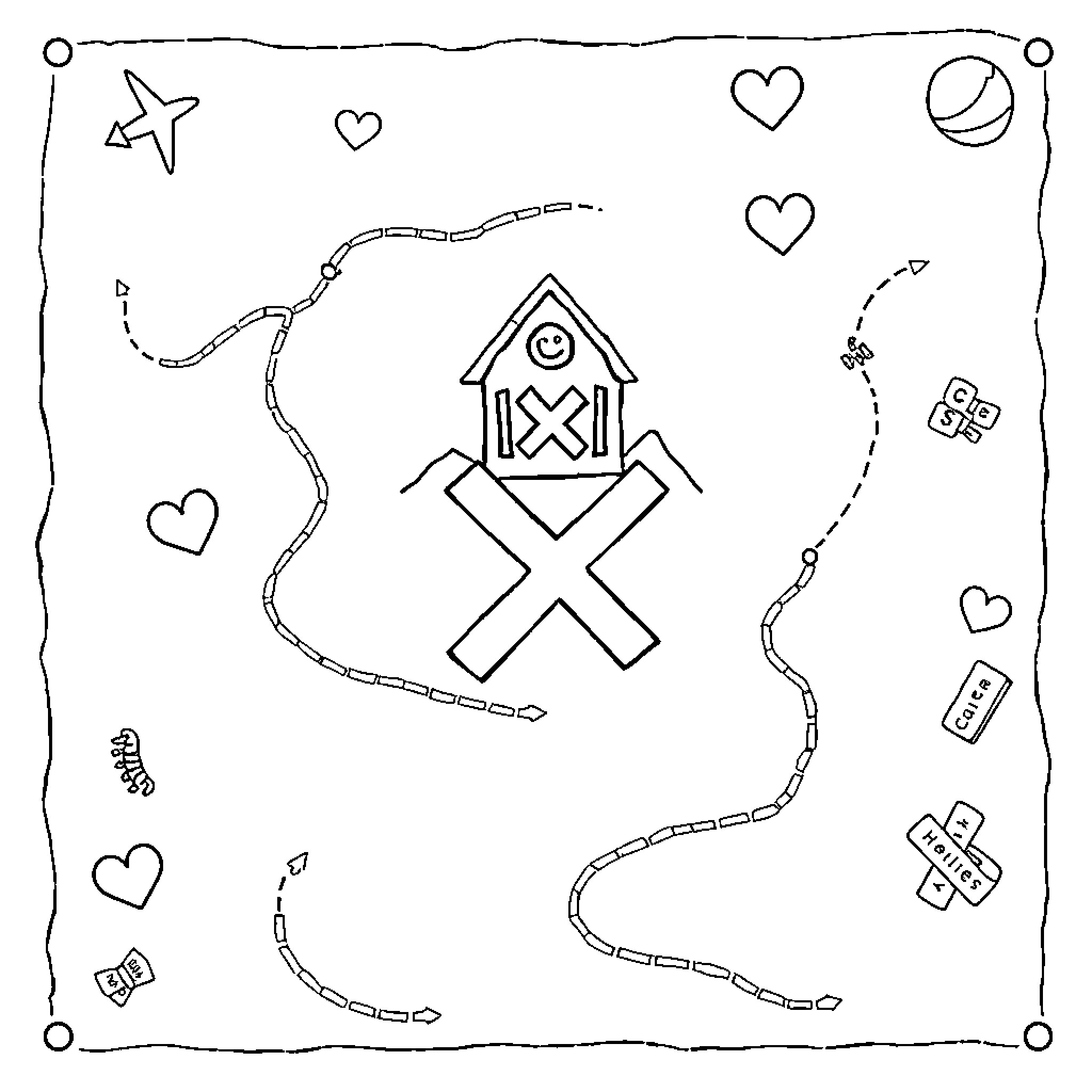 Treasure Map with Mysterious Symbols Coloring Page (free black-and-white line drawing printable PDF for all, from beginners to advanced learners, including children, teens, adults, and seniors)