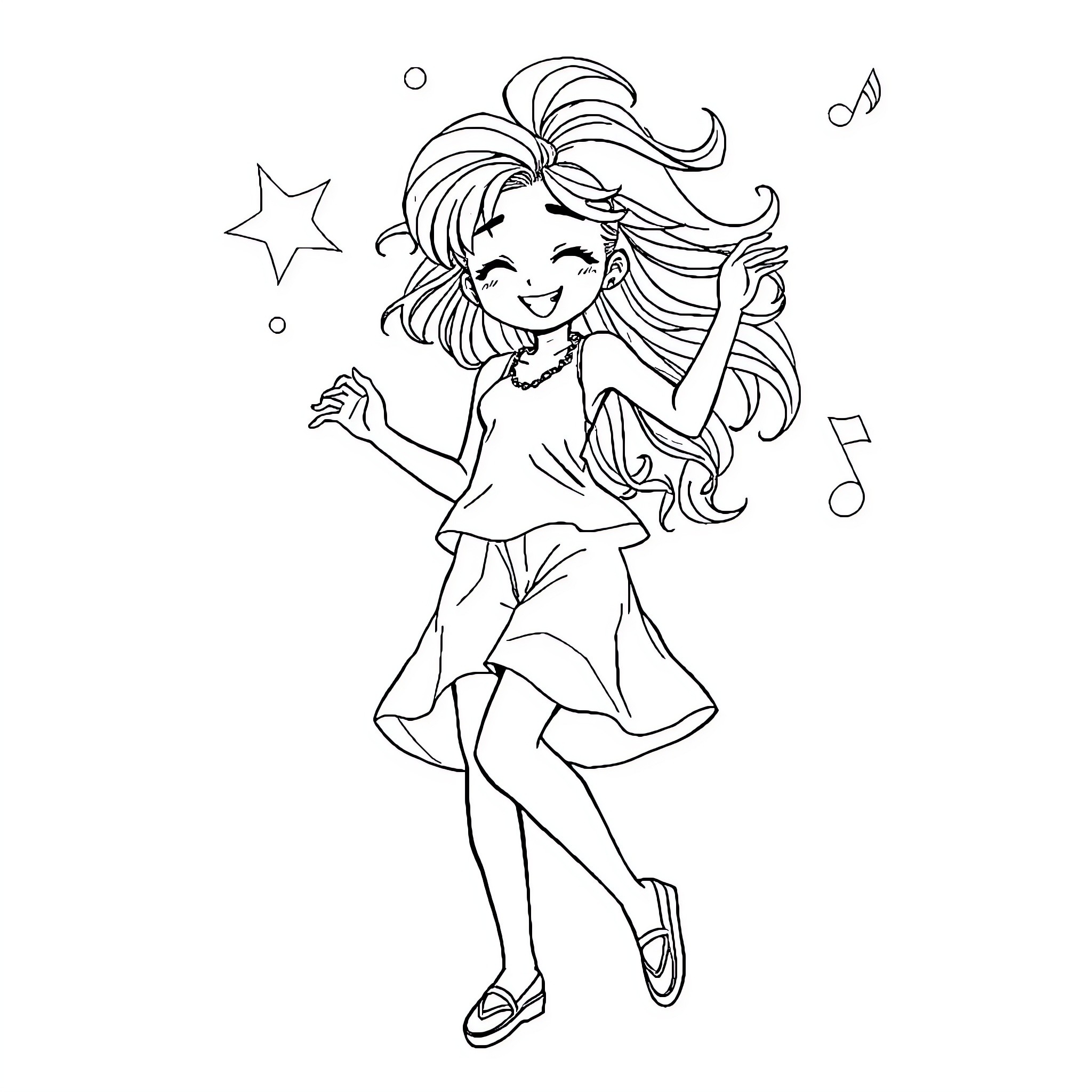 Anime Girl Dancing Joyfully with Music Notes Coloring Page (free black-and-white line drawing printable PDF for all, from beginners to advanced learners, including children, teens, adults, and seniors)