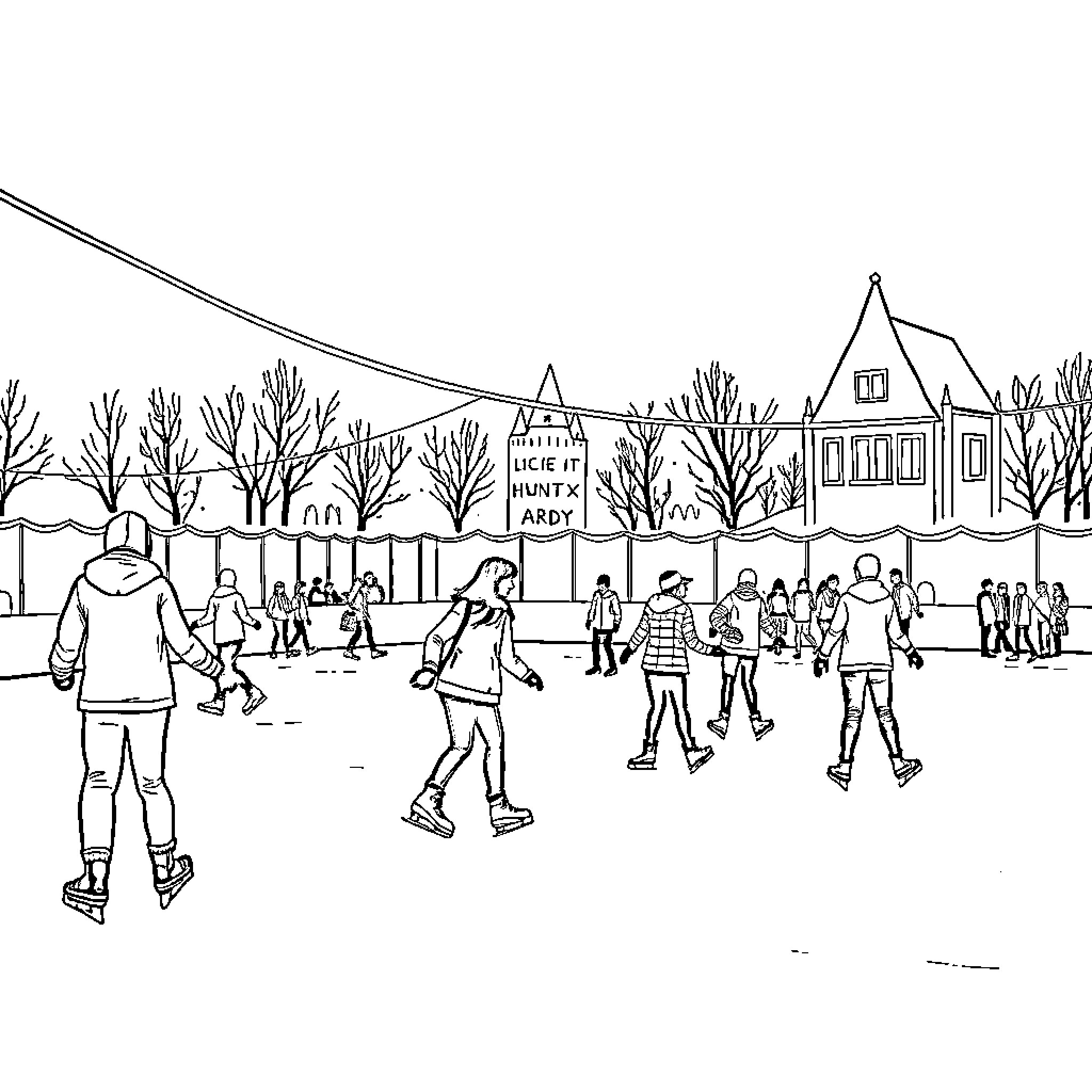 Huntrix: Skaters Enjoying Outdoor Winter Scene Coloring Page (free black-and-white line drawing printable PDF for all, from beginners to advanced learners, including children, teens, adults, and seniors)