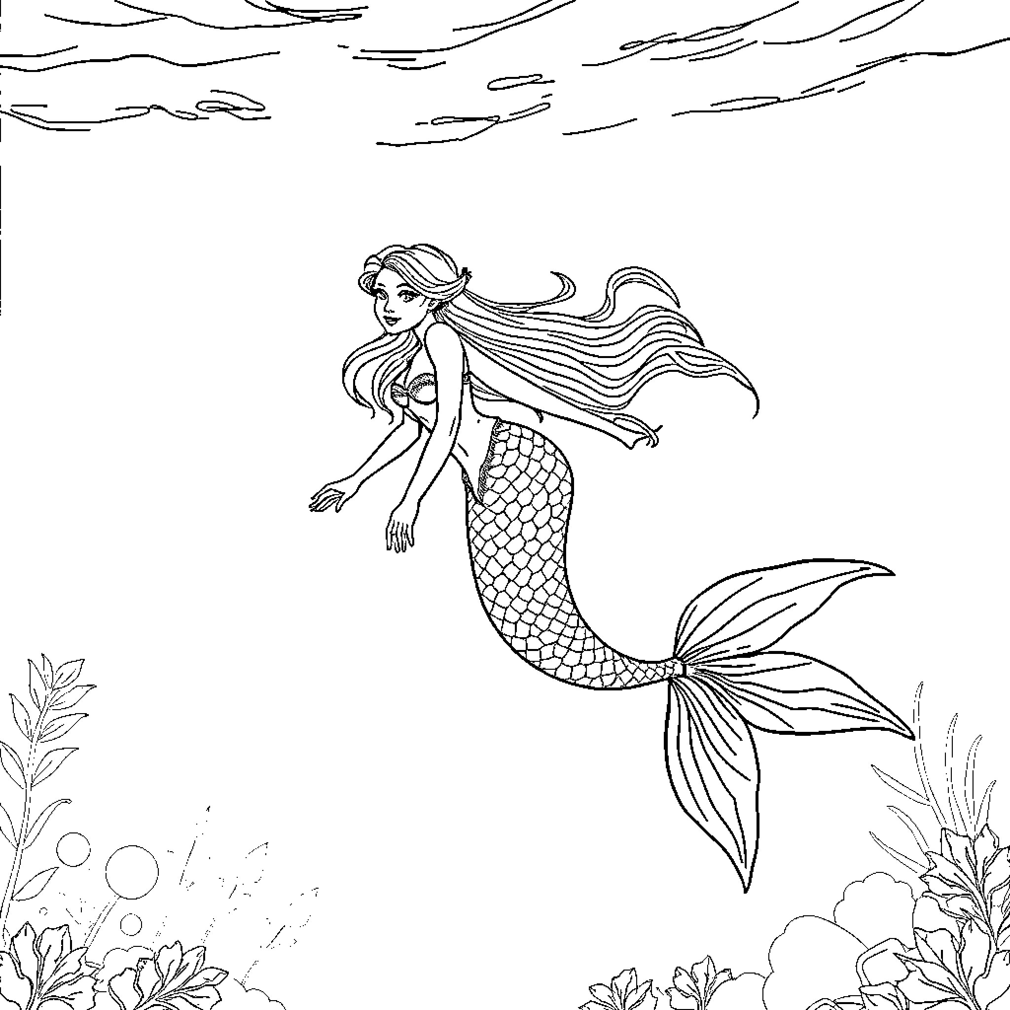 Mermaid swimming gracefully through the ocean Coloring Page (free black-and-white line drawing printable PDF for all, from beginners to advanced learners, including children, teens, adults, and seniors)