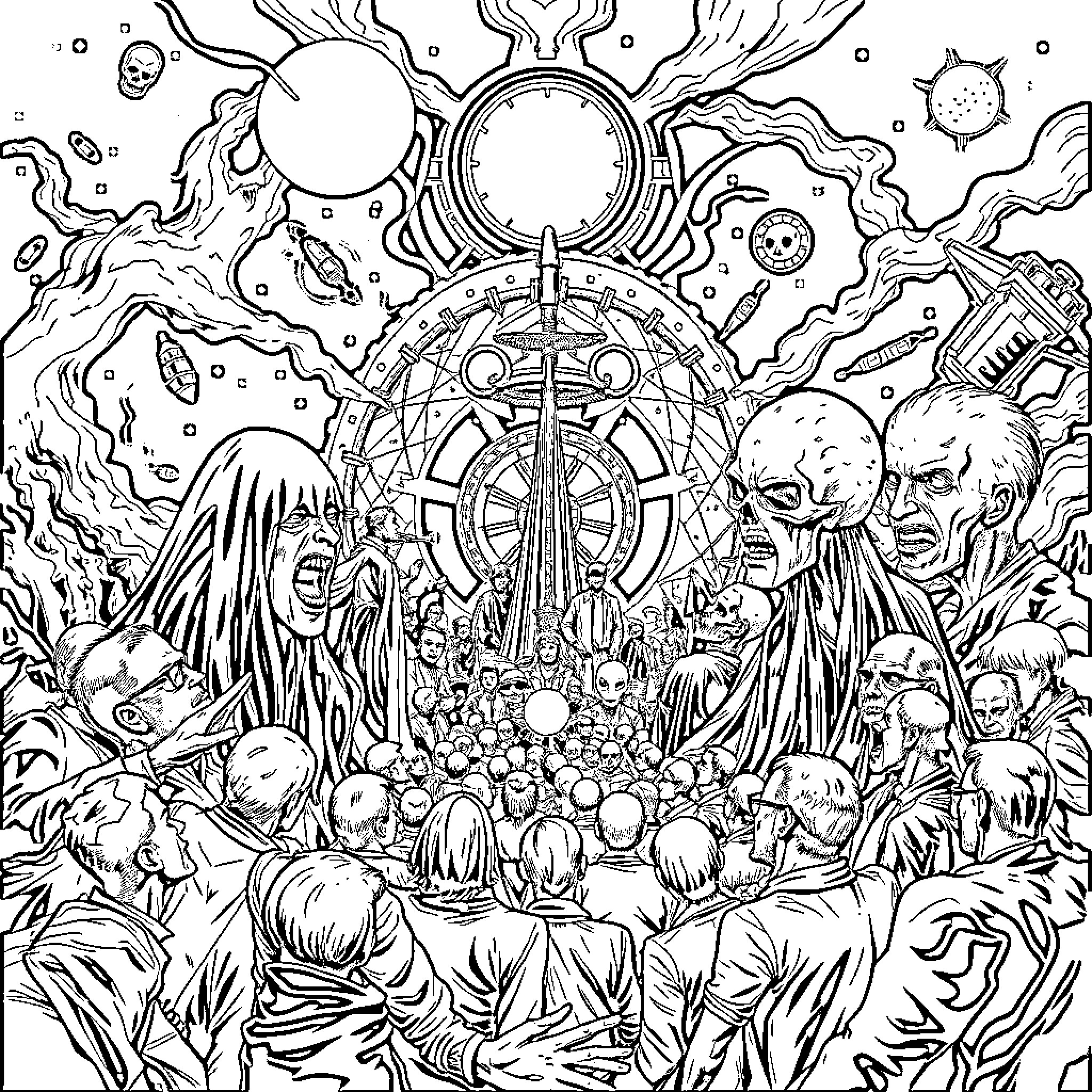 Conspiracy Theory: Bizarre Cosmic Gathering of Obscured Figures Coloring Page (free black-and-white line drawing printable PDF for all, from beginners to advanced learners, including children, teens, adults, and seniors)