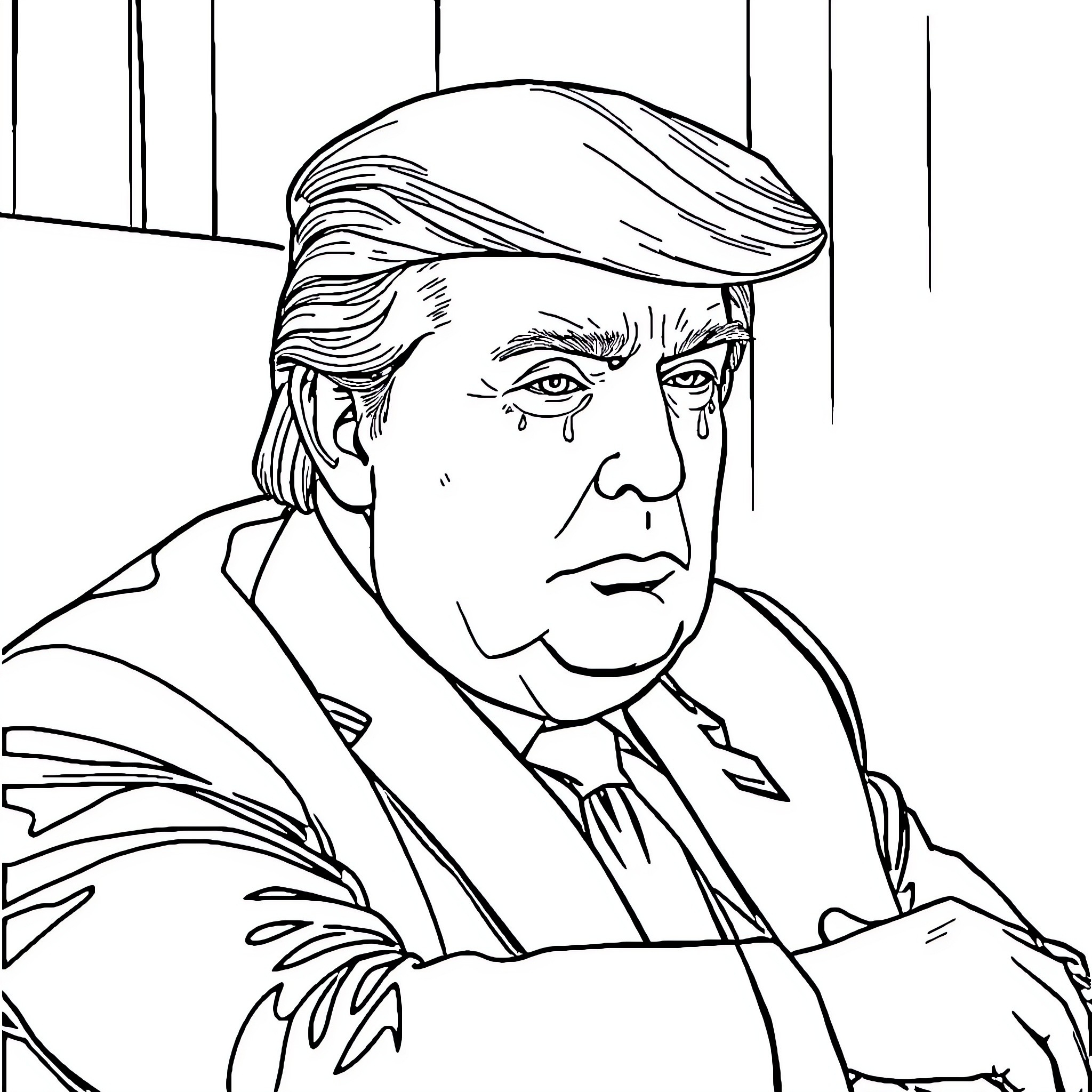 Trump's Pensive Expression in Formal Attire Coloring Page (free black-and-white line drawing printable PDF for all, from beginners to advanced learners, including children, teens, adults, and seniors)