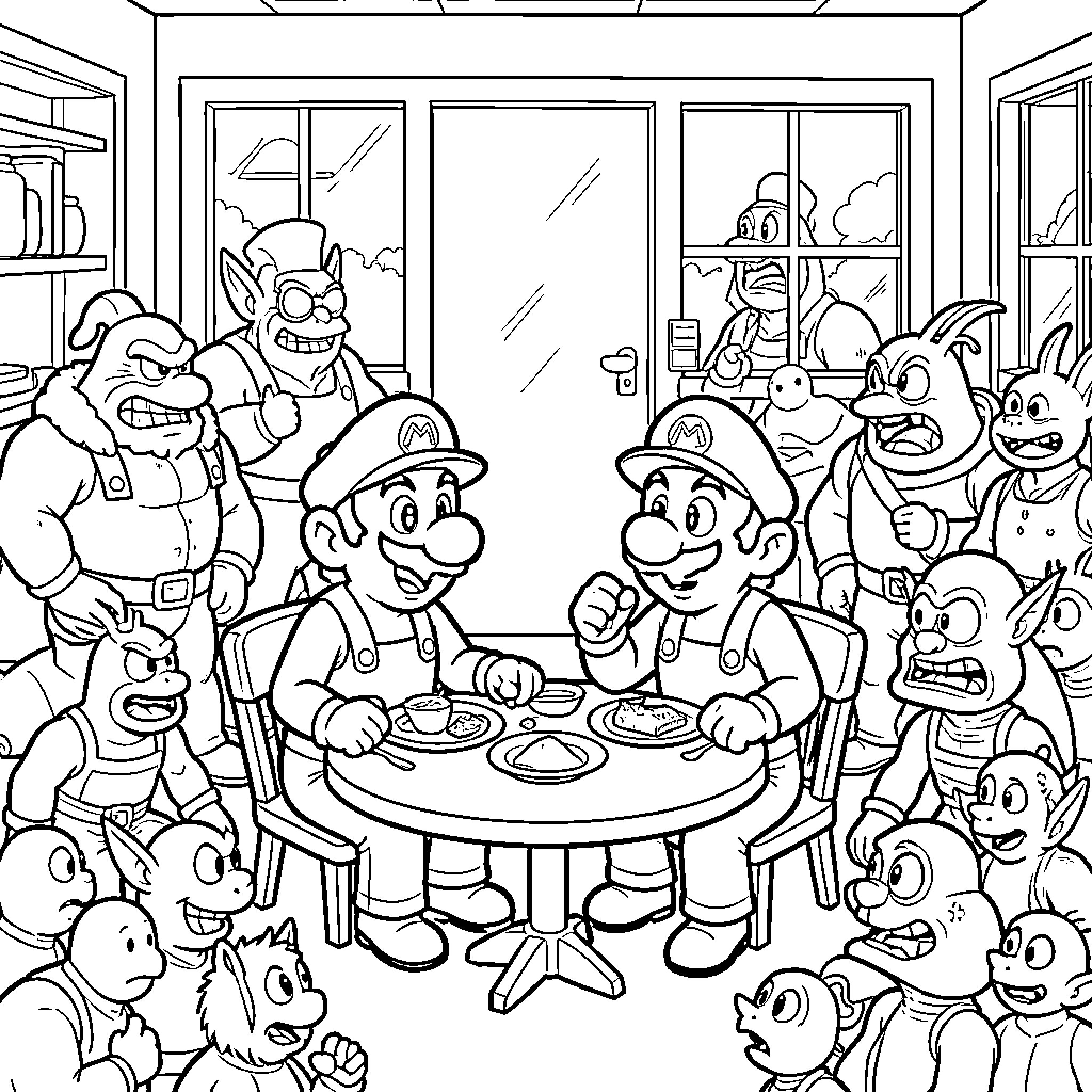 Mario and Friends Gather for a Lively Meal Coloring Page (free black-and-white line drawing printable PDF for all, from beginners to advanced learners, including children, teens, adults, and seniors)
