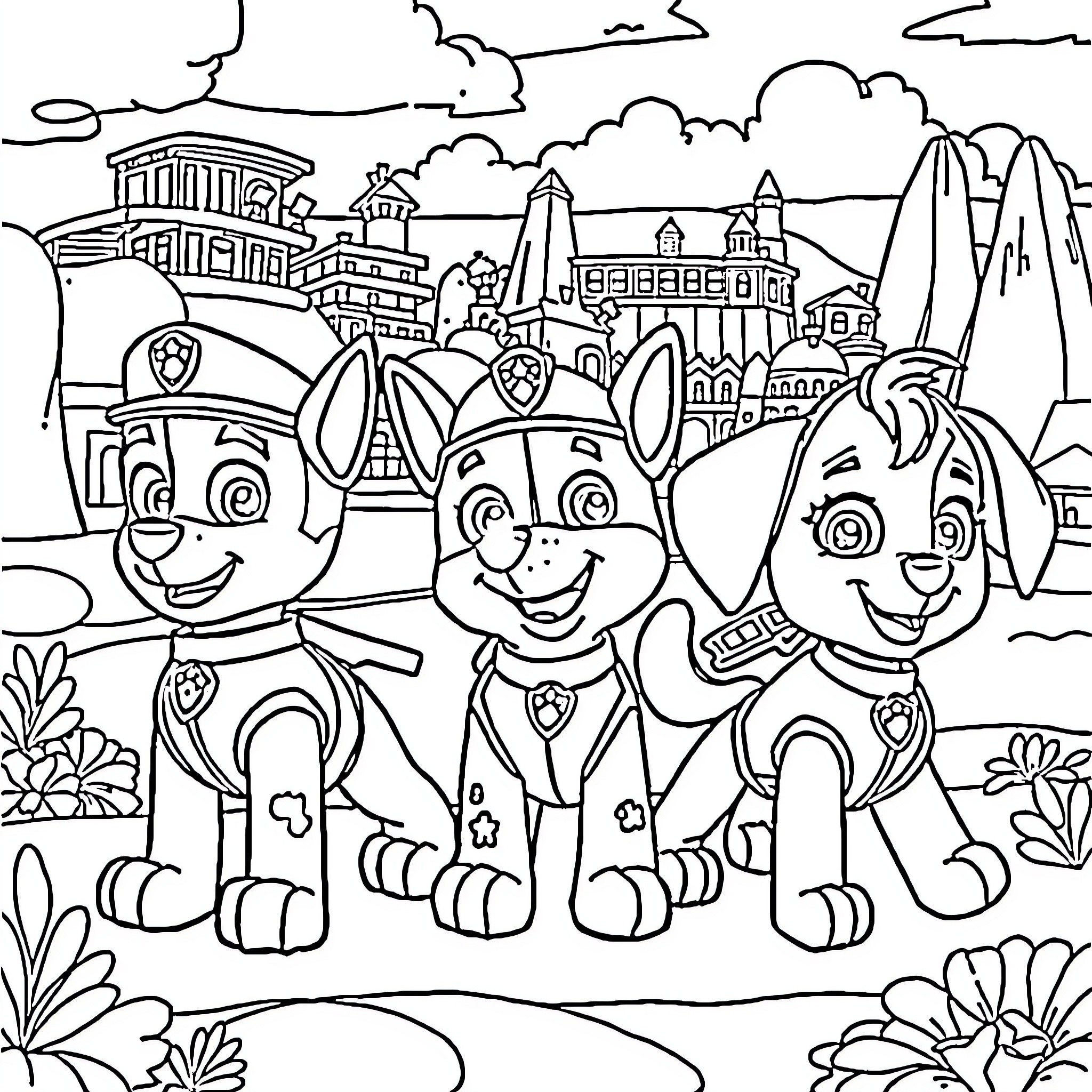 Paw Patrol Trio Exploring Cartoon Town Coloring Page (free black-and-white line drawing printable PDF for all, from beginners to advanced learners, including children, teens, adults, and seniors)