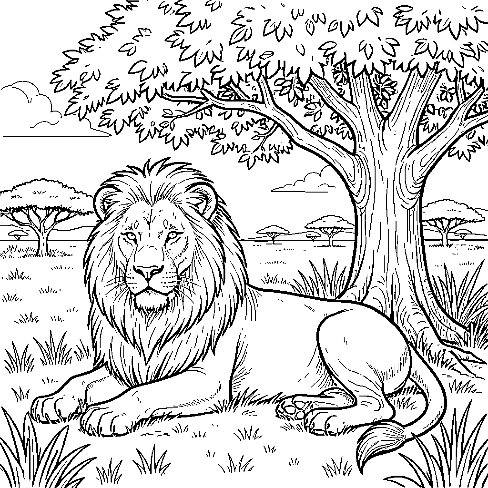 Lion in Serene African Landscape Coloring Page (free black-and-white line drawing printable PDF for all, from beginners to advanced learners, including children, teens, adults, and seniors)
